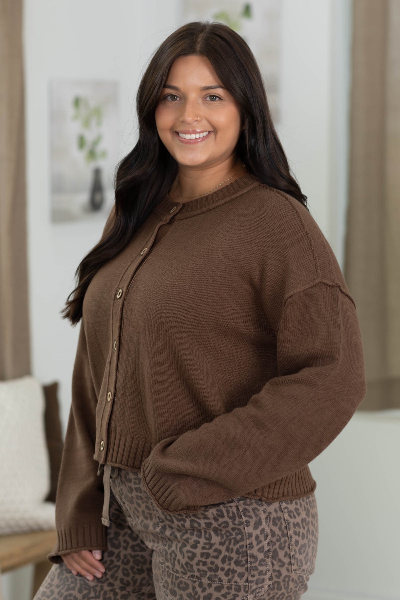 Rolled Trim Cardigan with Exposed Seams