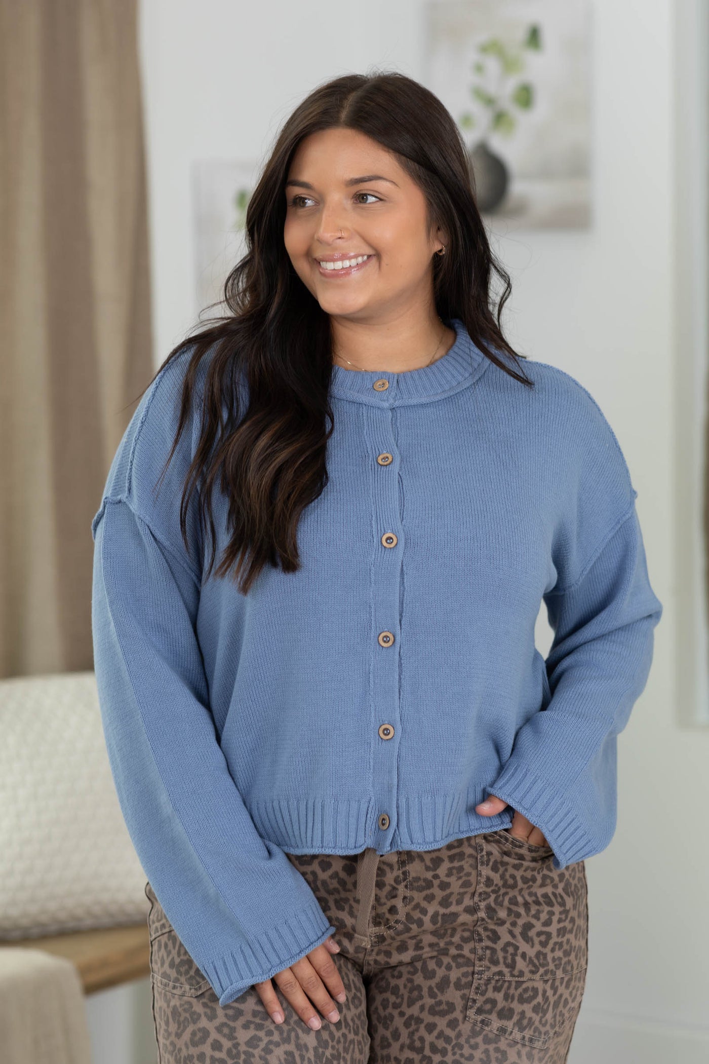 Rolled Trim Cardigan with Exposed Seams