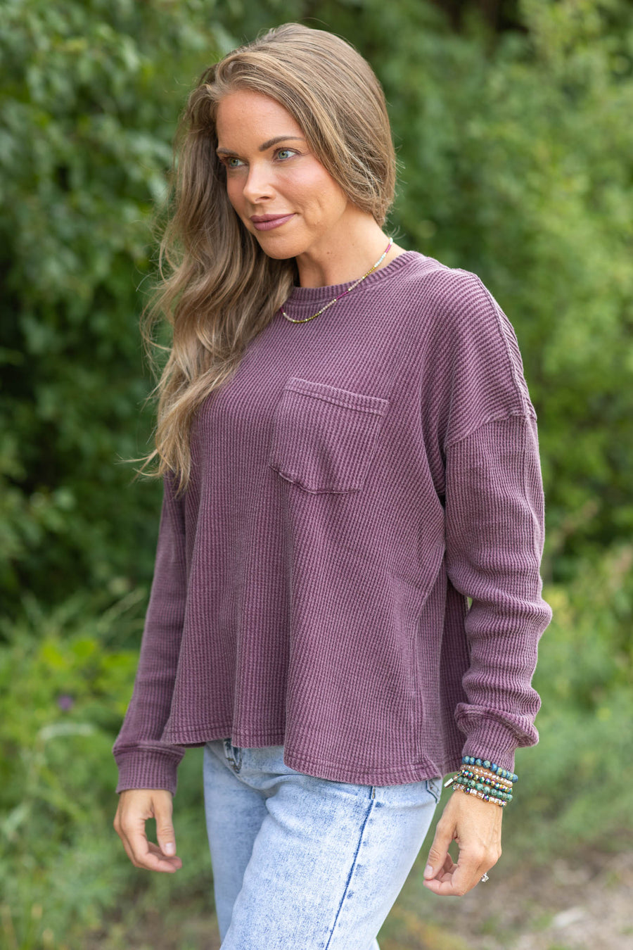 Mineral Wash Waffle Long Sleeve Knit Top- 100% Cotton