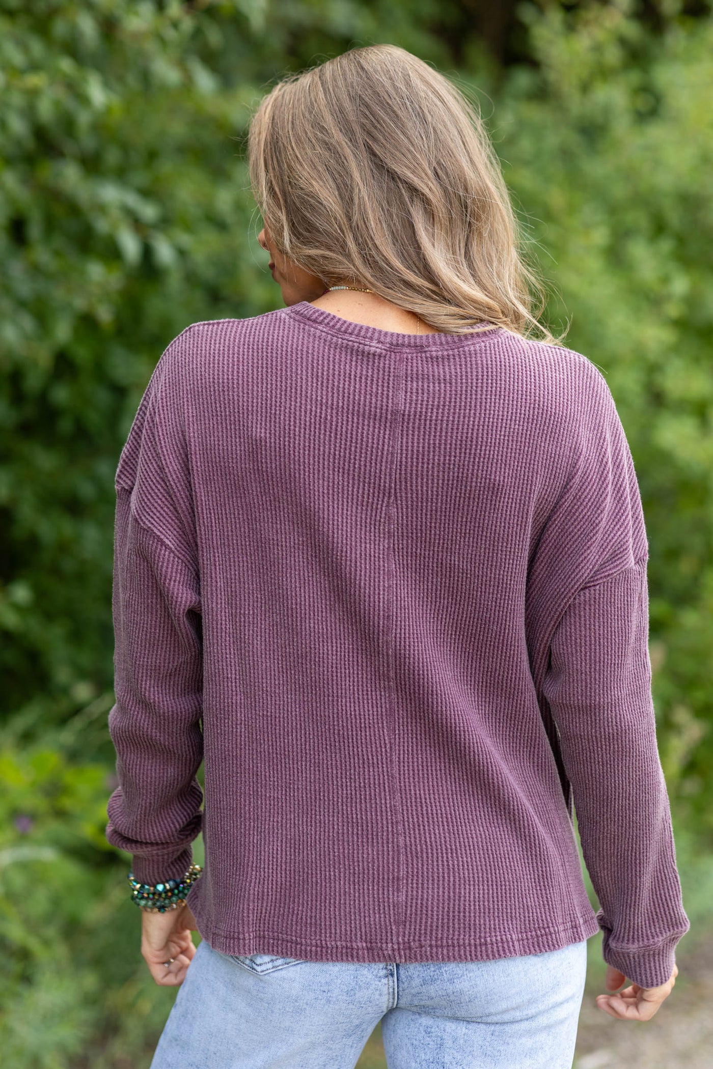 Mineral Wash Waffle Long Sleeve Knit Top- 100% Cotton