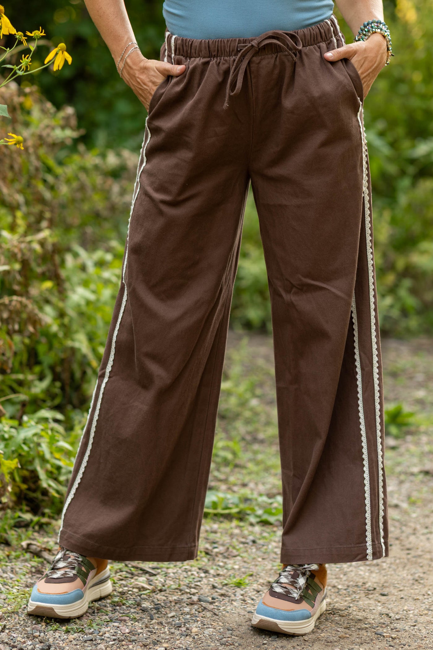 Brown Side Lace Trim Cotton Denim Pants