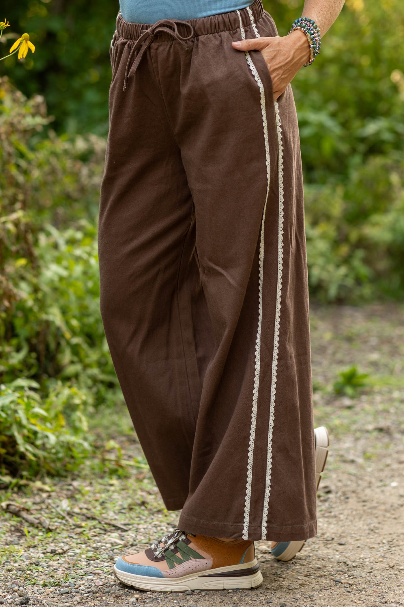 Brown Side Lace Trim Cotton Denim Pants