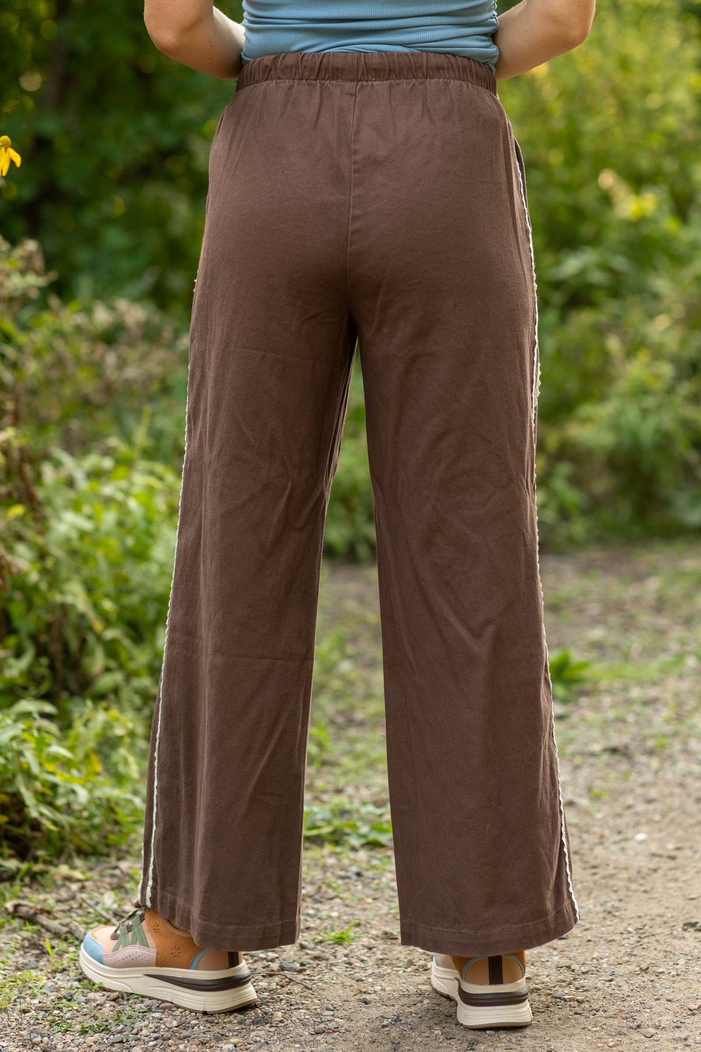 Brown Side Lace Trim Cotton Denim Pants