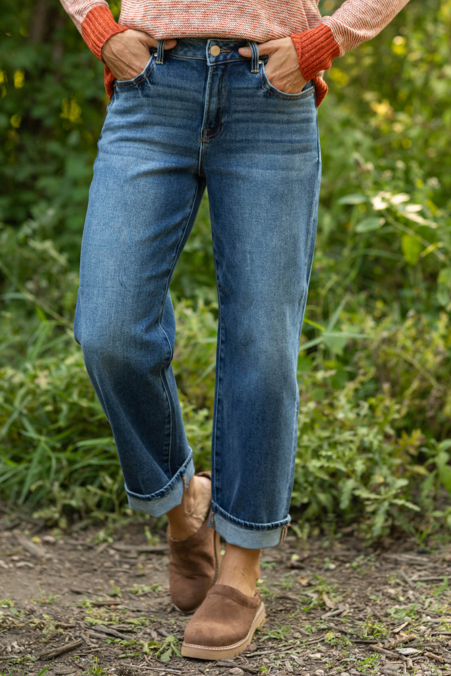 Risen Mid Rise Ankle Boyfriend Cuffed Jeans