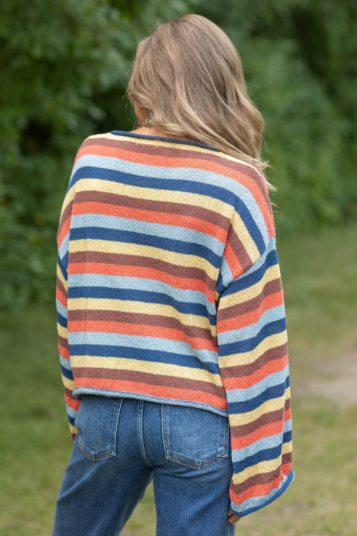 Multicolor Striped Sweater Knit Top With Bell Sleeve