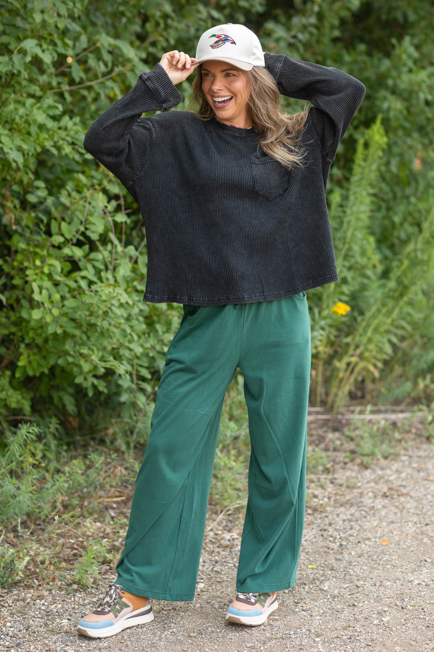 Mineral Wash Waffle Long Sleeve Knit Top- 100% Cotton