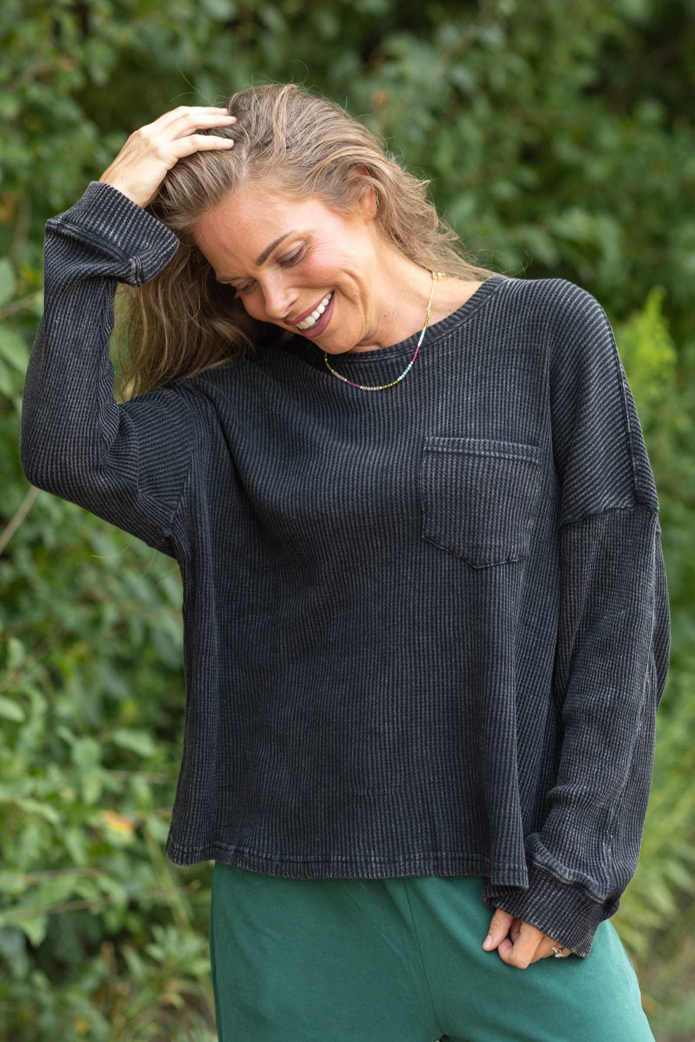 Mineral Wash Waffle Long Sleeve Knit Top- 100% Cotton