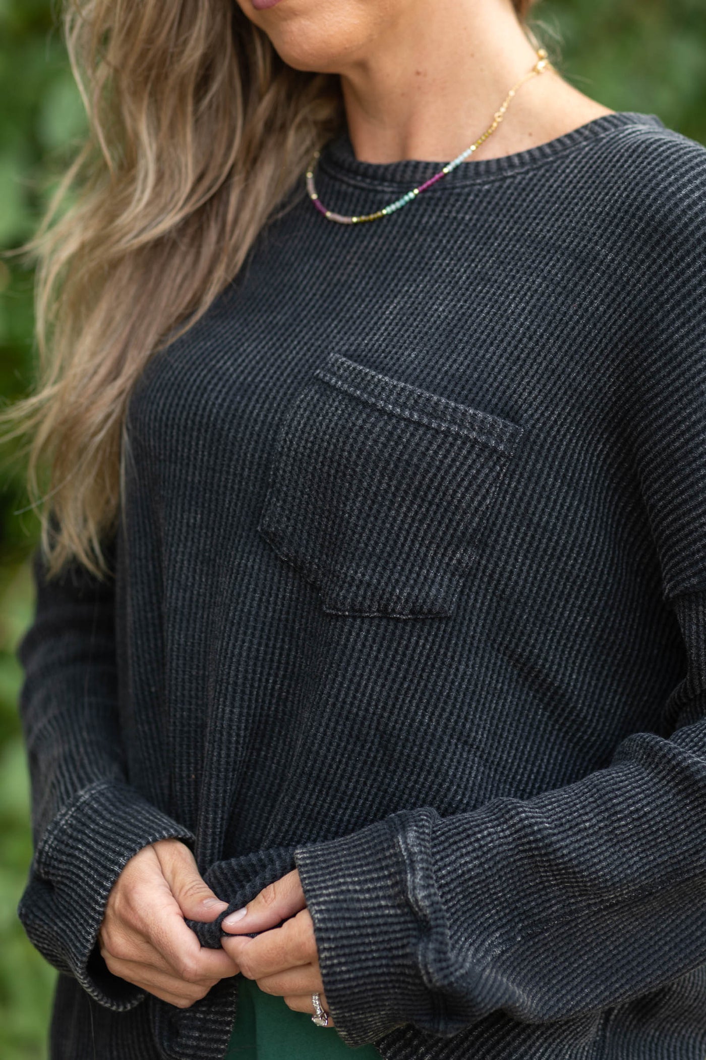 Mineral Wash Waffle Long Sleeve Knit Top- 100% Cotton