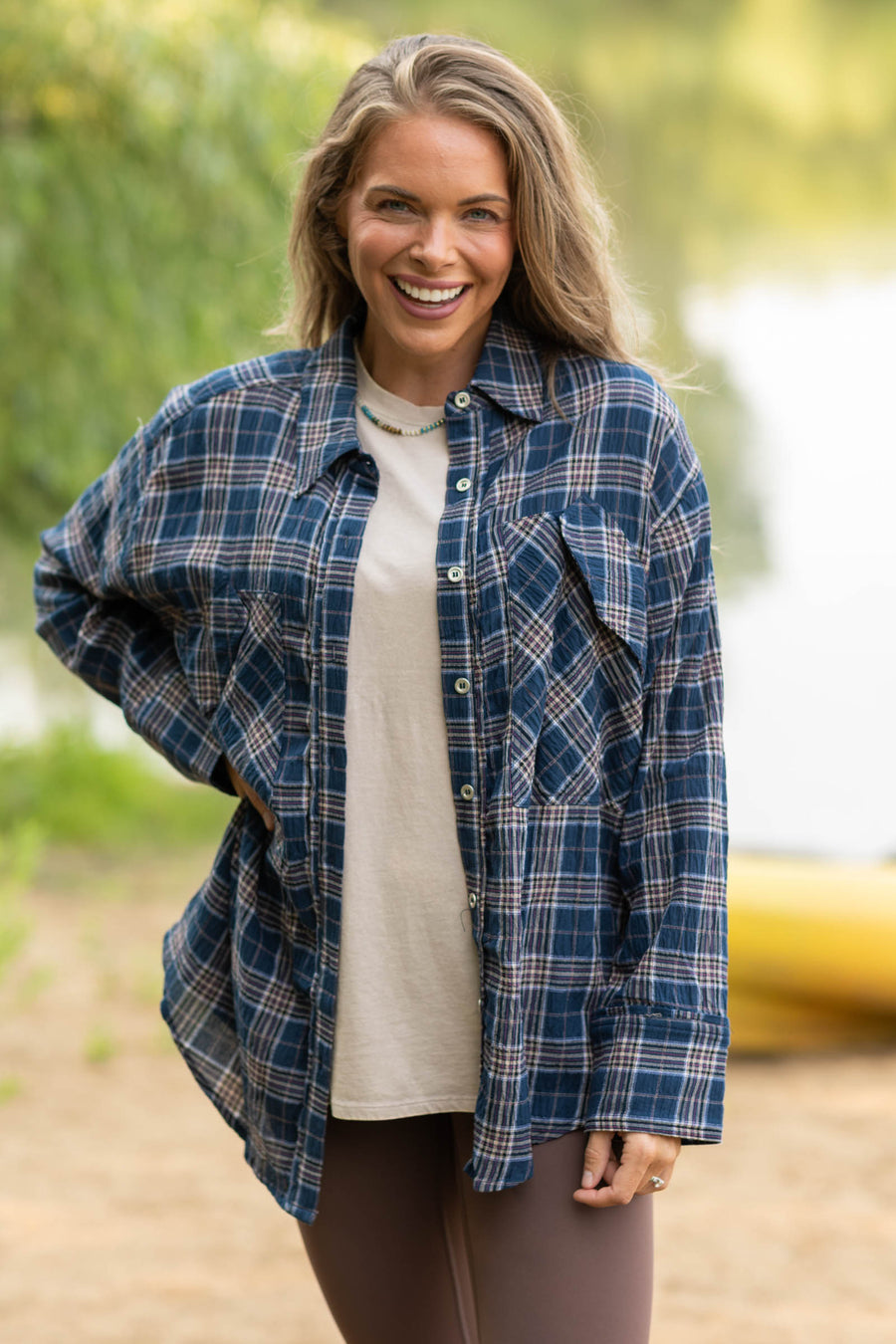 Relaxed Plaid Long Sleeve Button Down Shirt- 100% Cotton