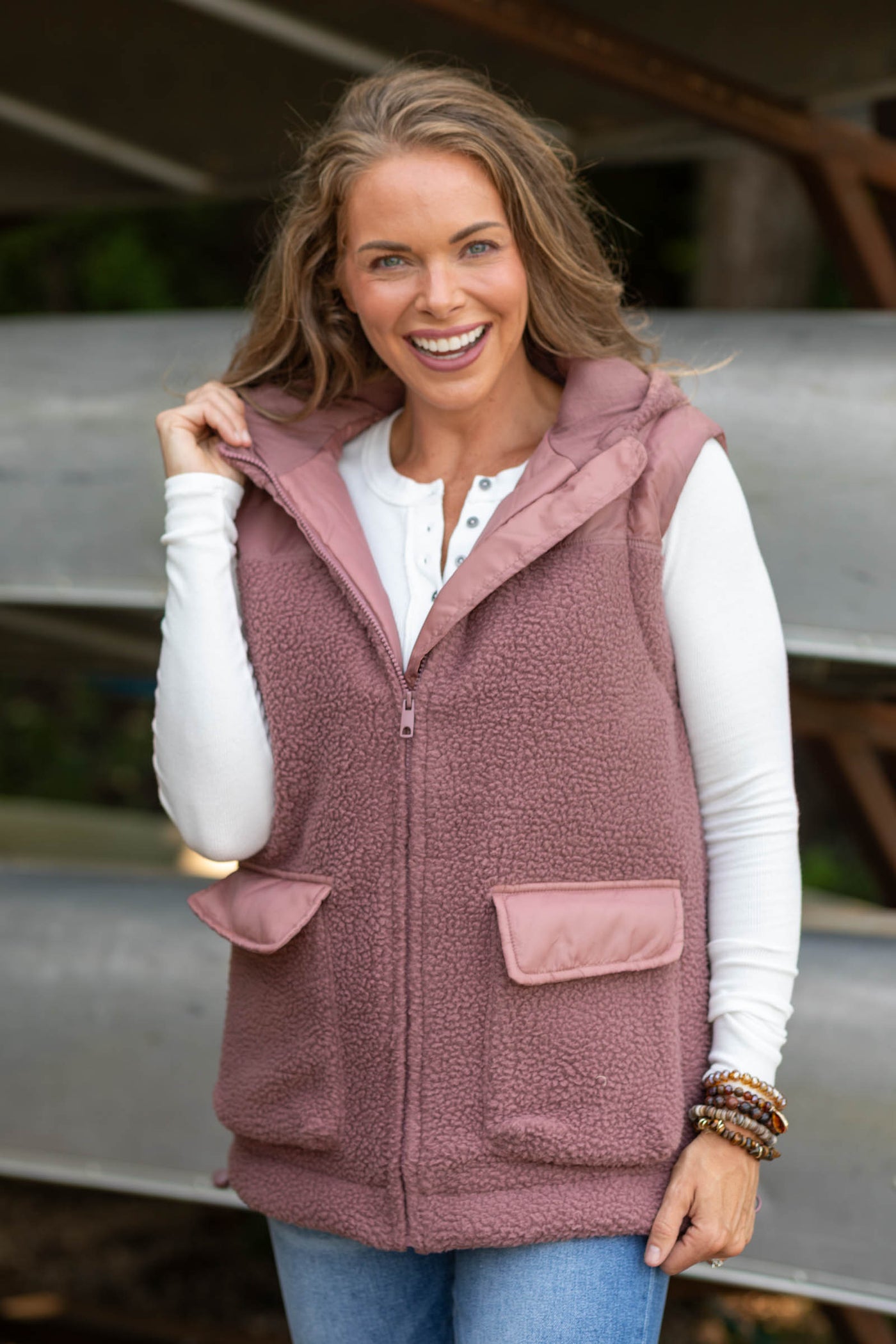 Dusty Rose Fleece Zip Up Hooded Vest