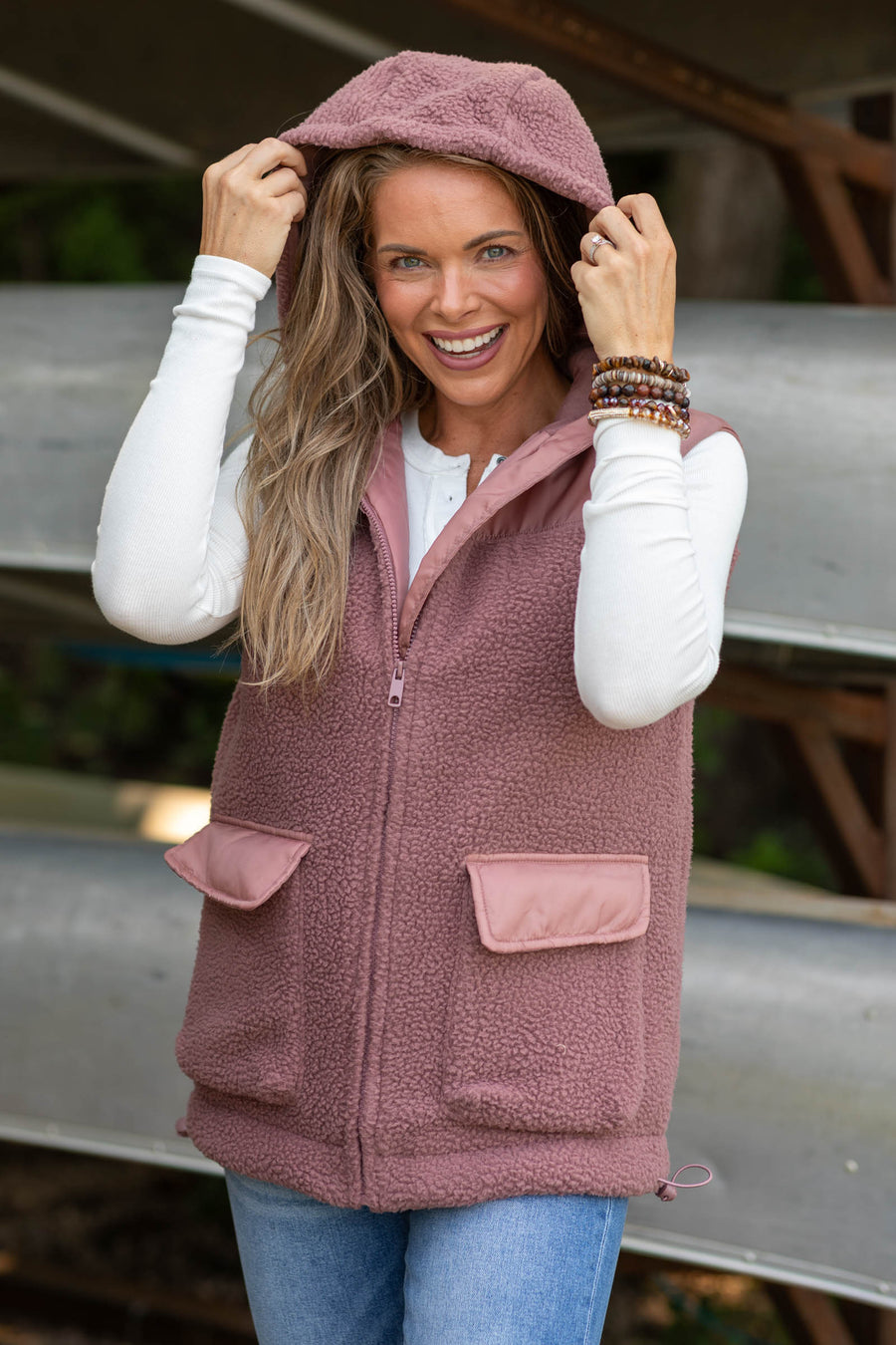 Dusty Rose Fleece Zip Up Hooded Vest