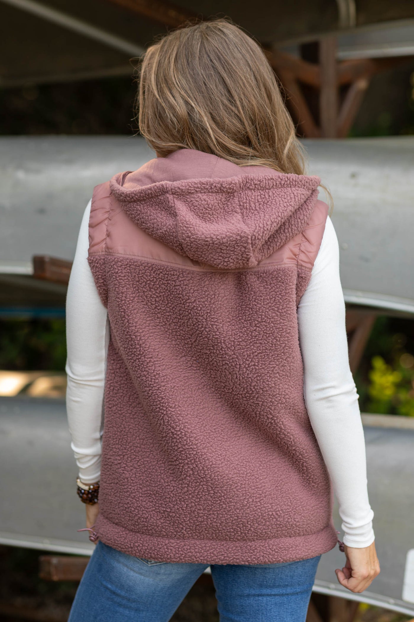 Dusty Rose Fleece Zip Up Hooded Vest