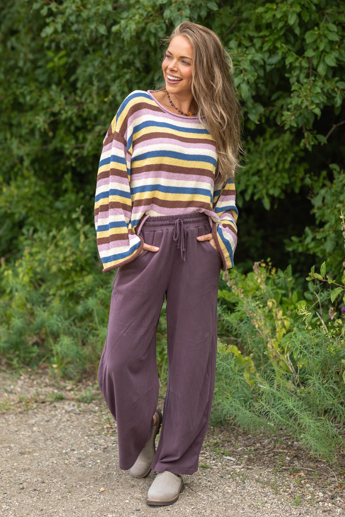 Multicolor Striped Sweater Knit Top With Bell Sleeve