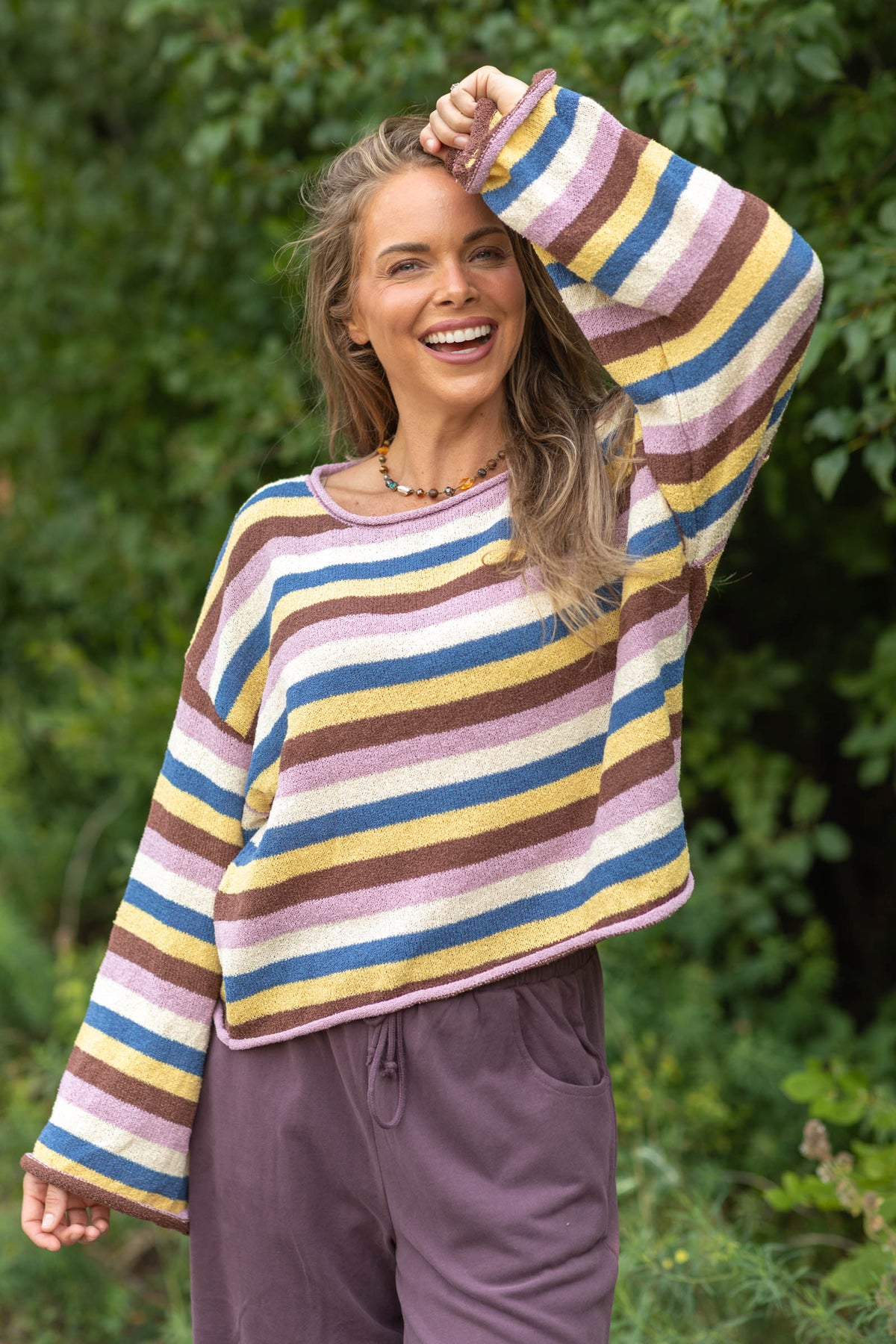 Multicolor Striped Sweater Knit Top With Bell Sleeve