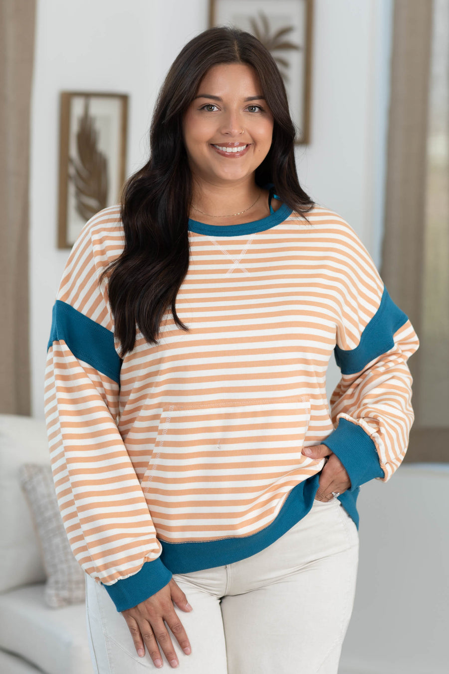 Colorblock Stripe Crewneck Sweatshirt With Pocket