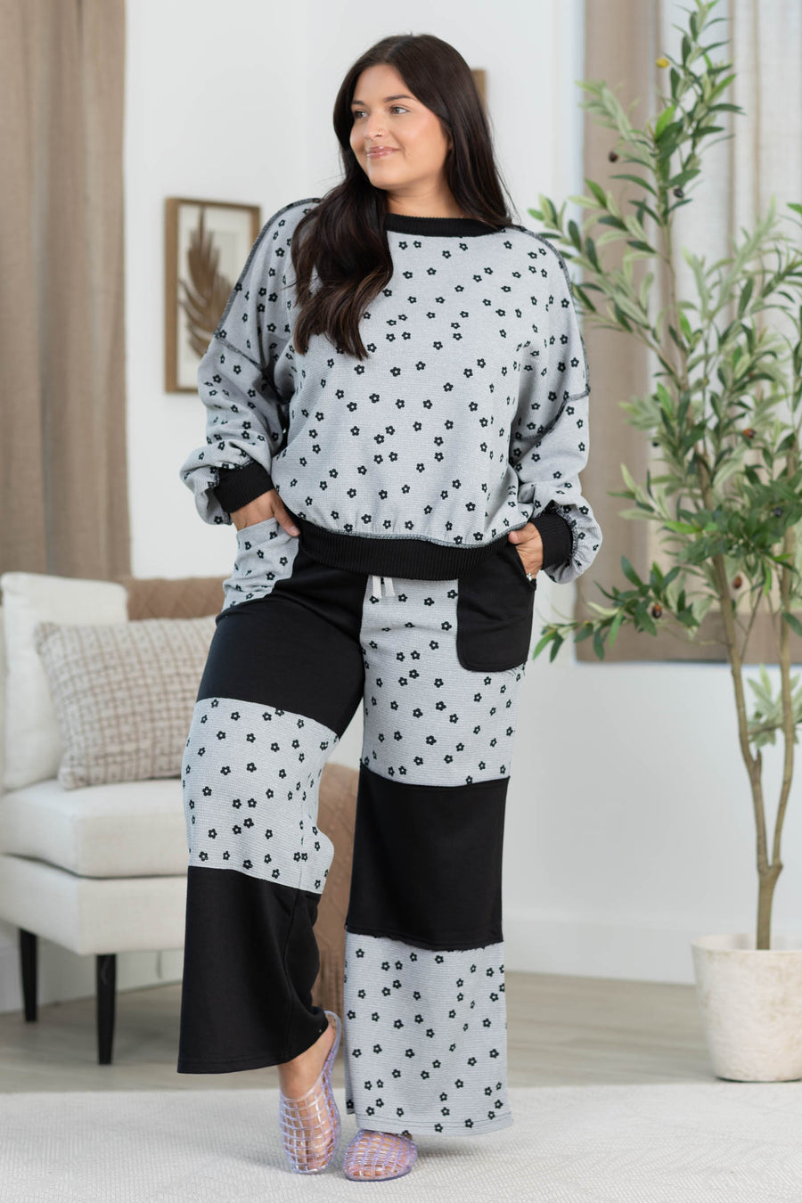 Heather Grey Floral Waffle Knit Sweatshirt