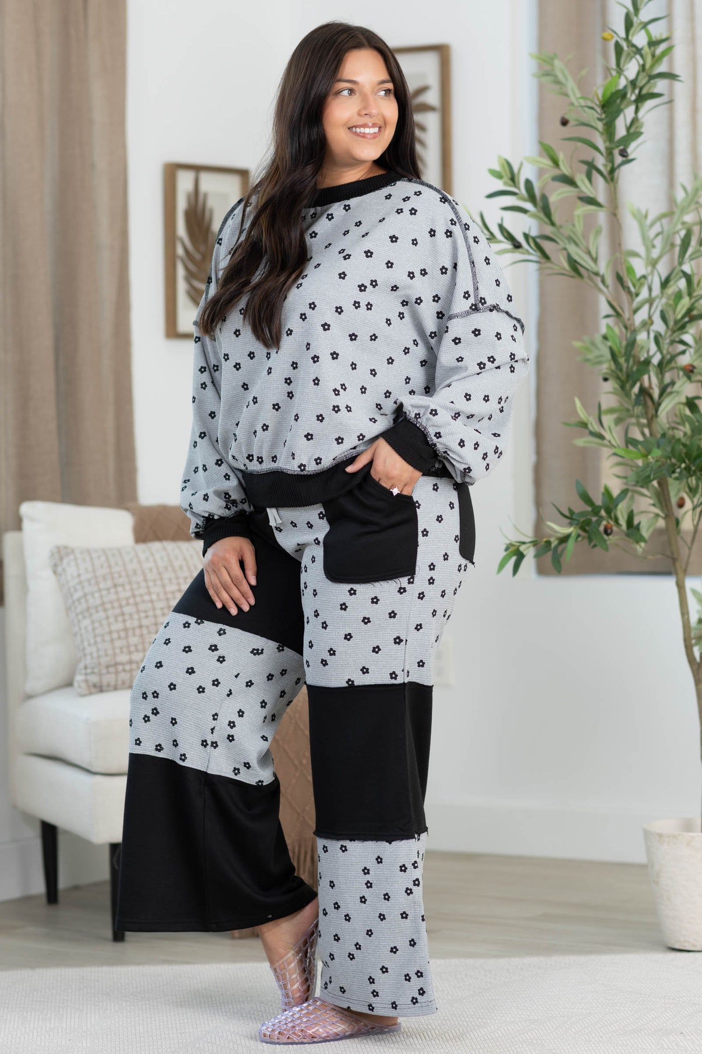 Heather Grey Floral Patchwork Waffle Knit Lounge Pants
