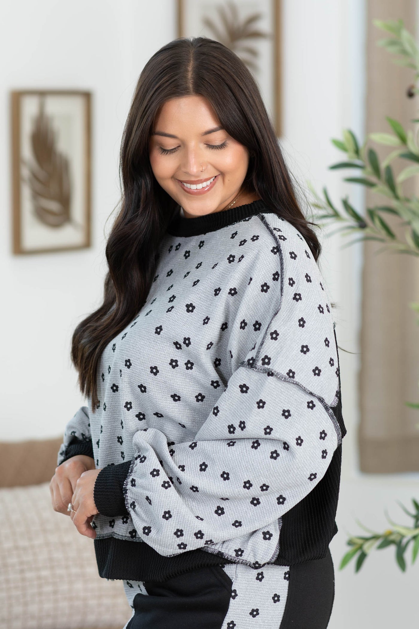 Heather Grey Floral Waffle Knit Sweatshirt