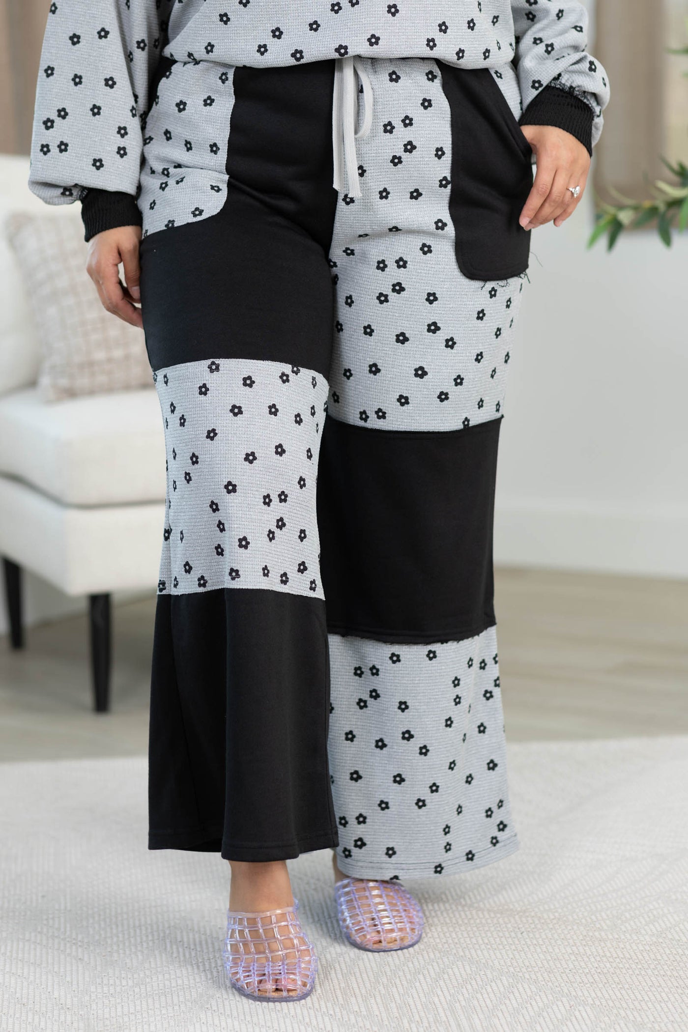 Heather Grey Floral Patchwork Waffle Knit Lounge Pants