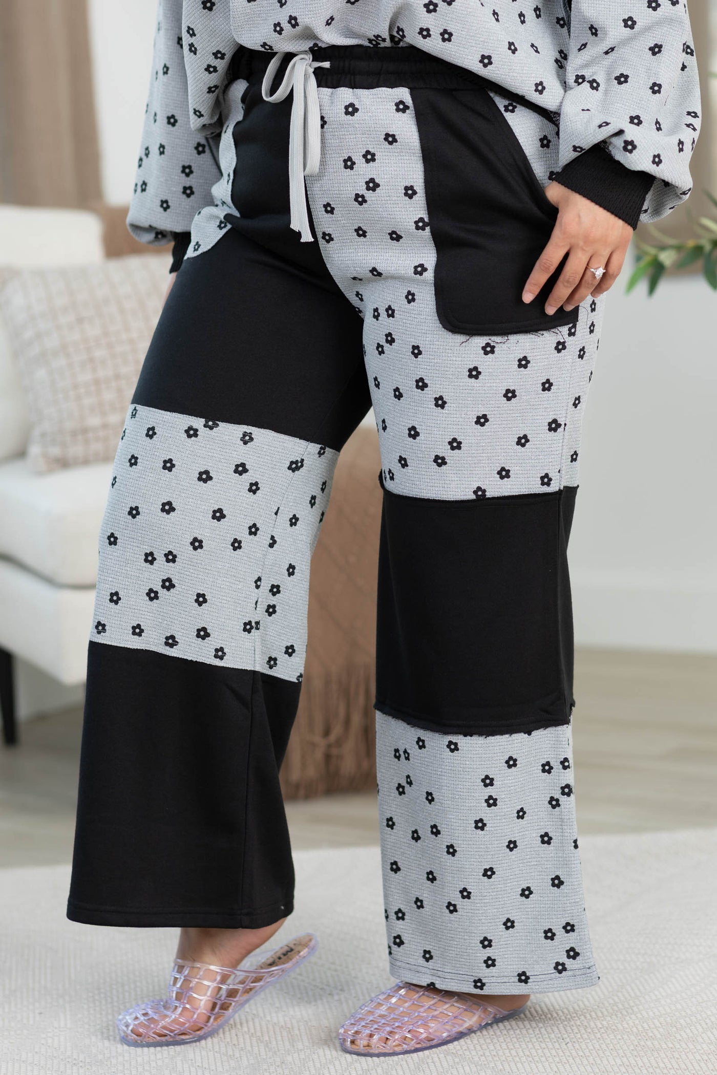 Heather Grey Floral Patchwork Waffle Knit Lounge Pants