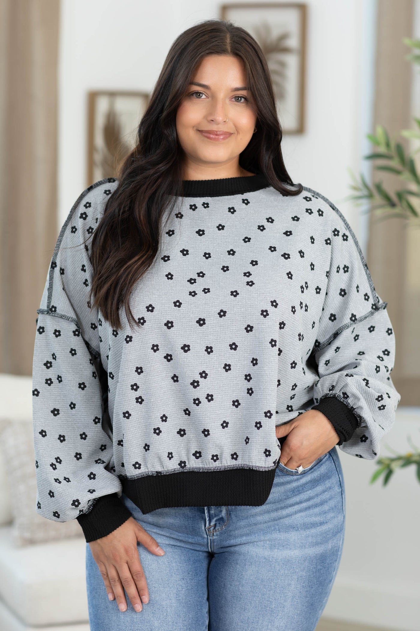 Heather Grey Floral Waffle Knit Sweatshirt