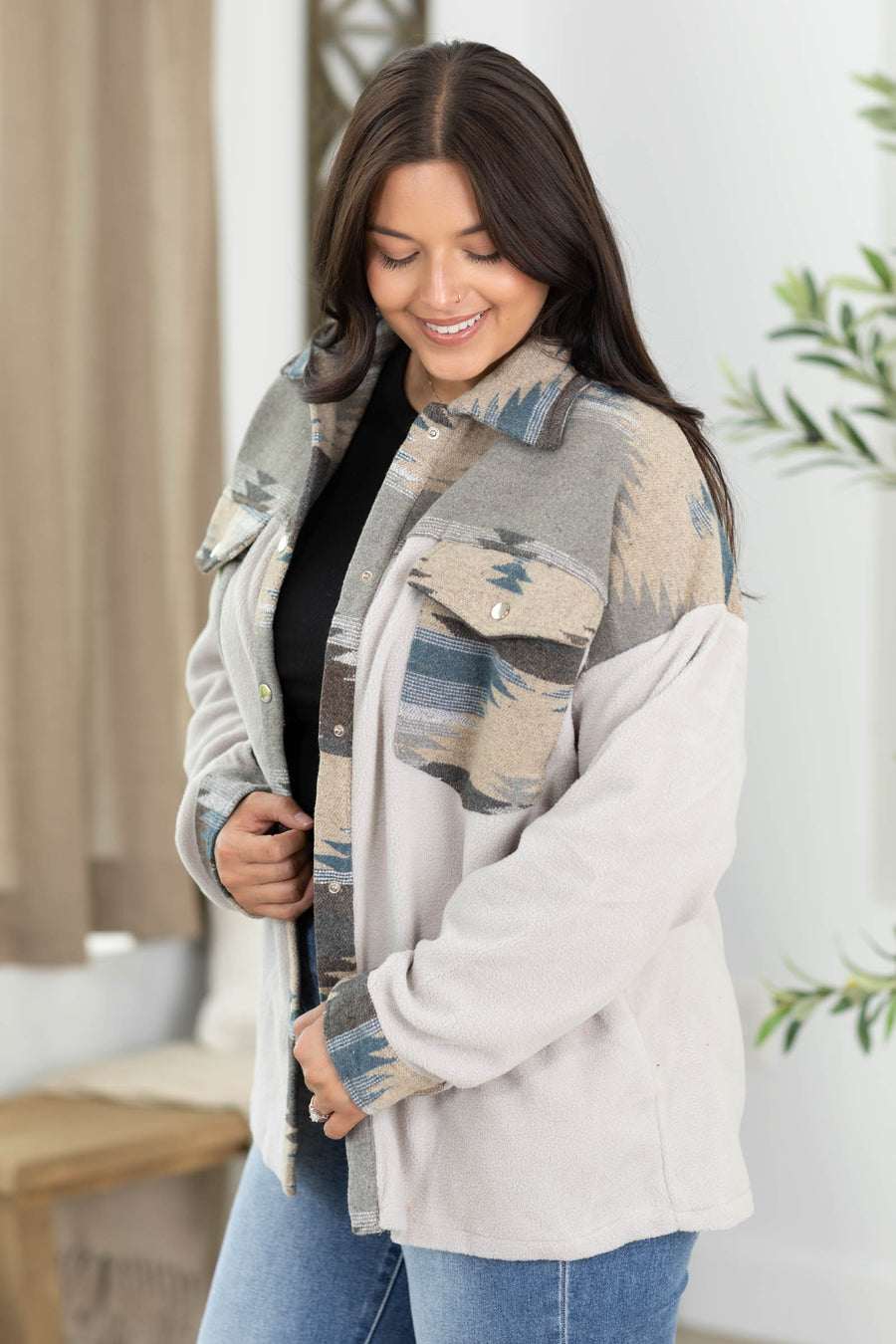 Aztec Blue And Grey Trim Shacket