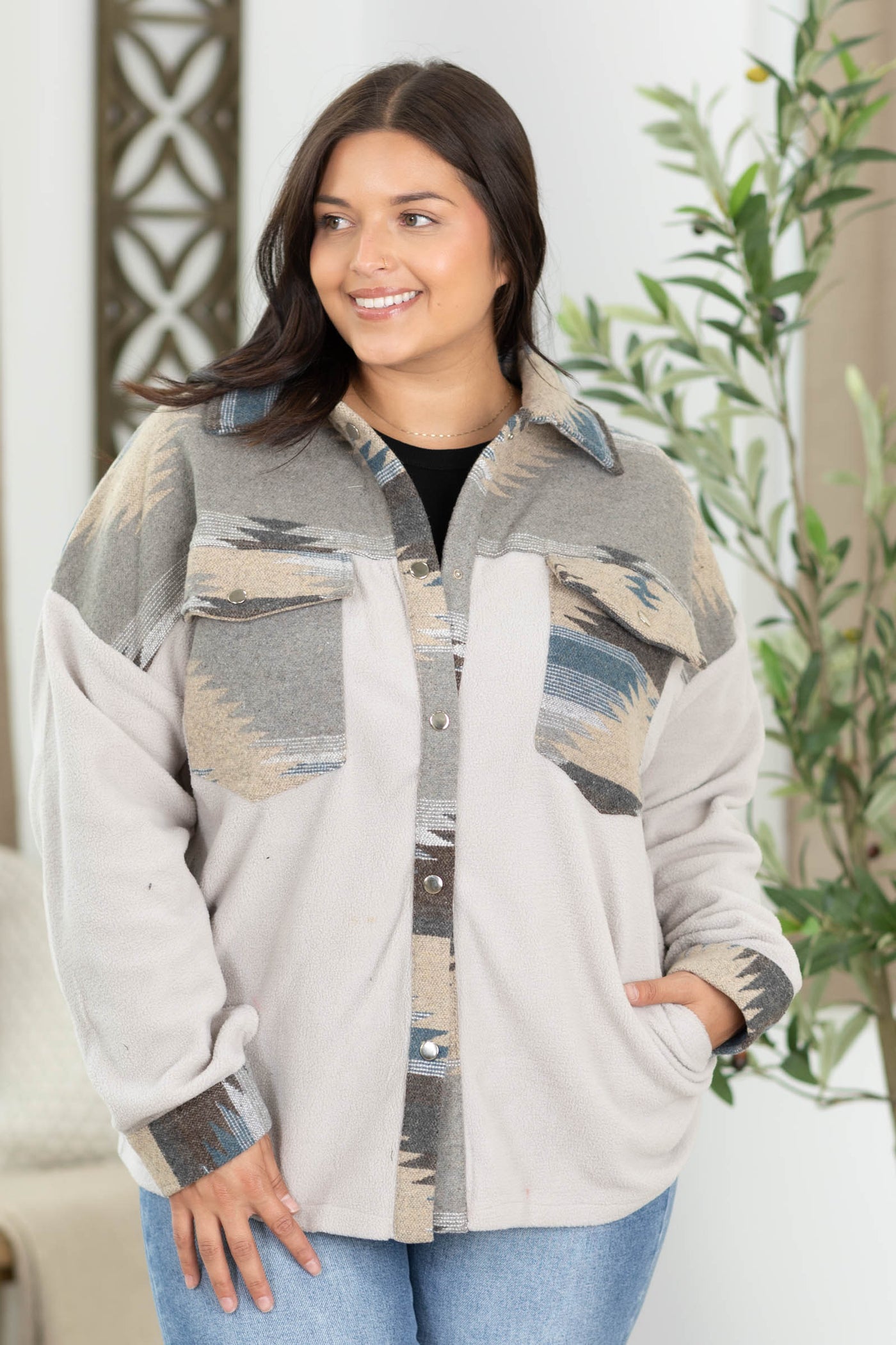 Aztec Blue And Grey Trim Shacket