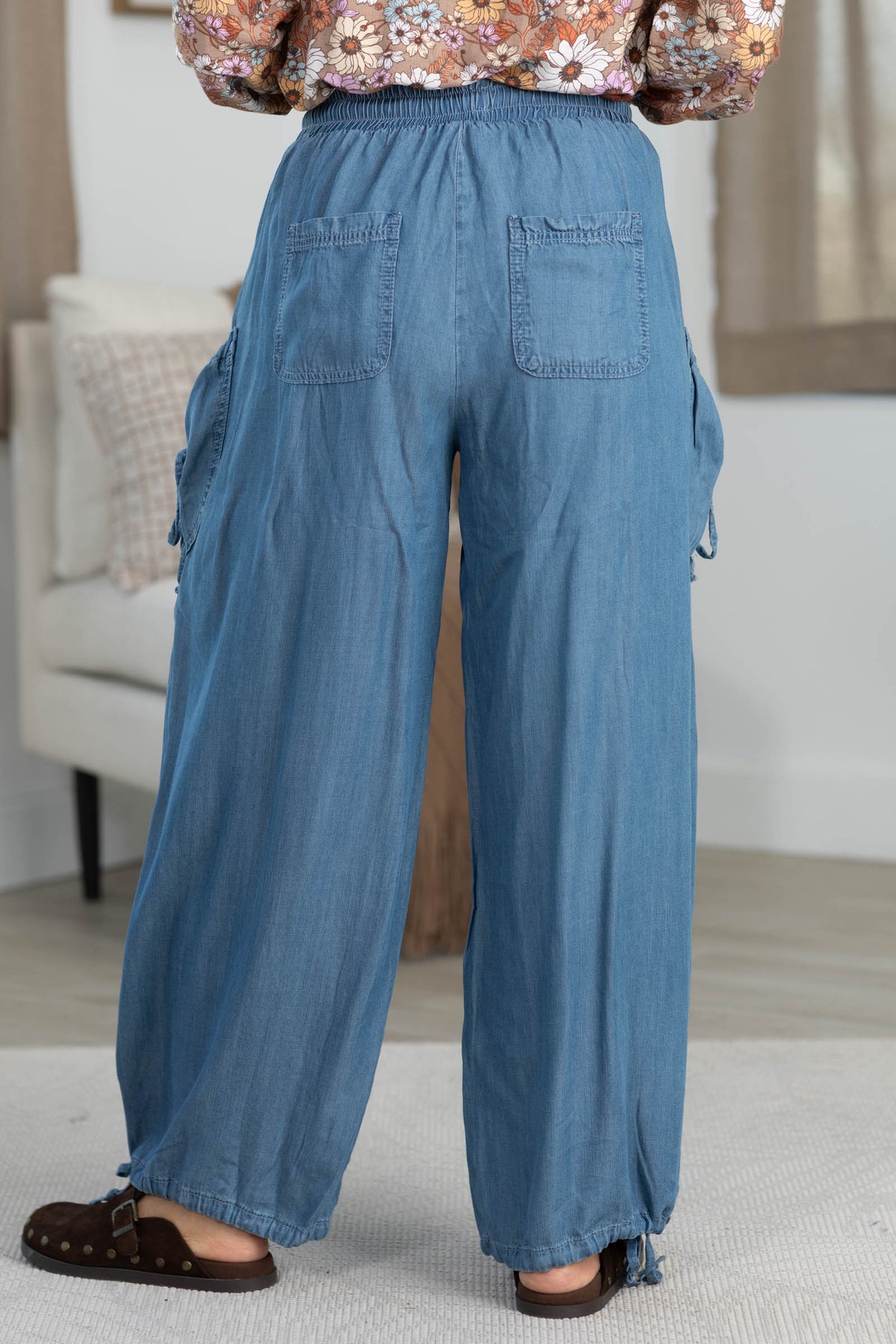 Chambray Washed Easy Waist Pants with Pocket Detail