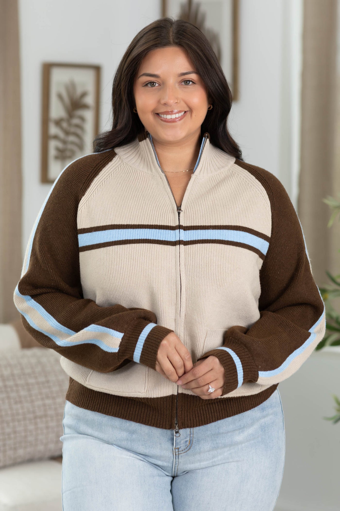 Cotierra Brown And Beige Zip Up Sweater Jackets