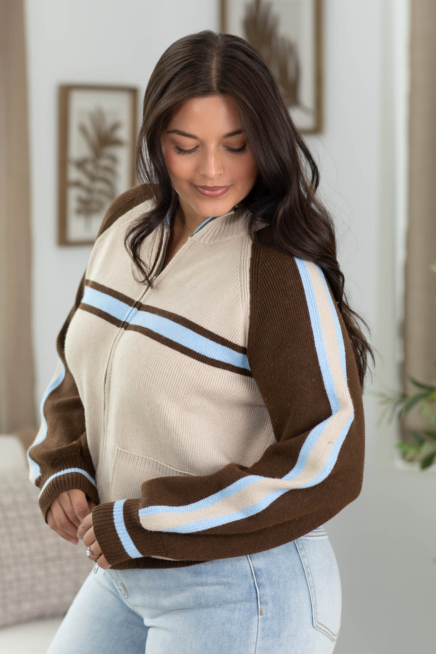 Cotierra Brown And Beige Zip Up Sweater Jackets
