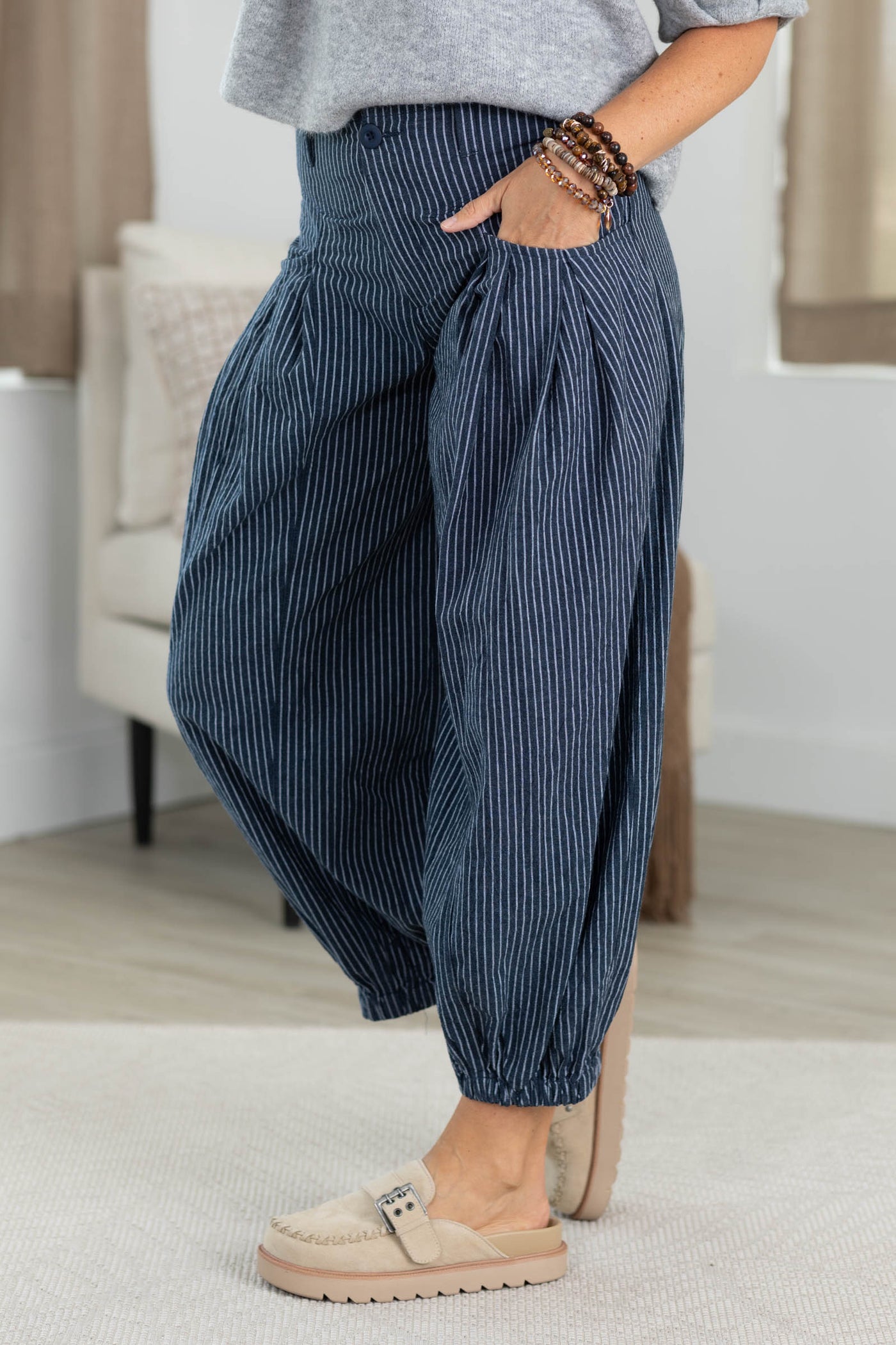 Cotierra Pull On Stripe Wide Leg Pants With Side Pockets- 100% Cotton