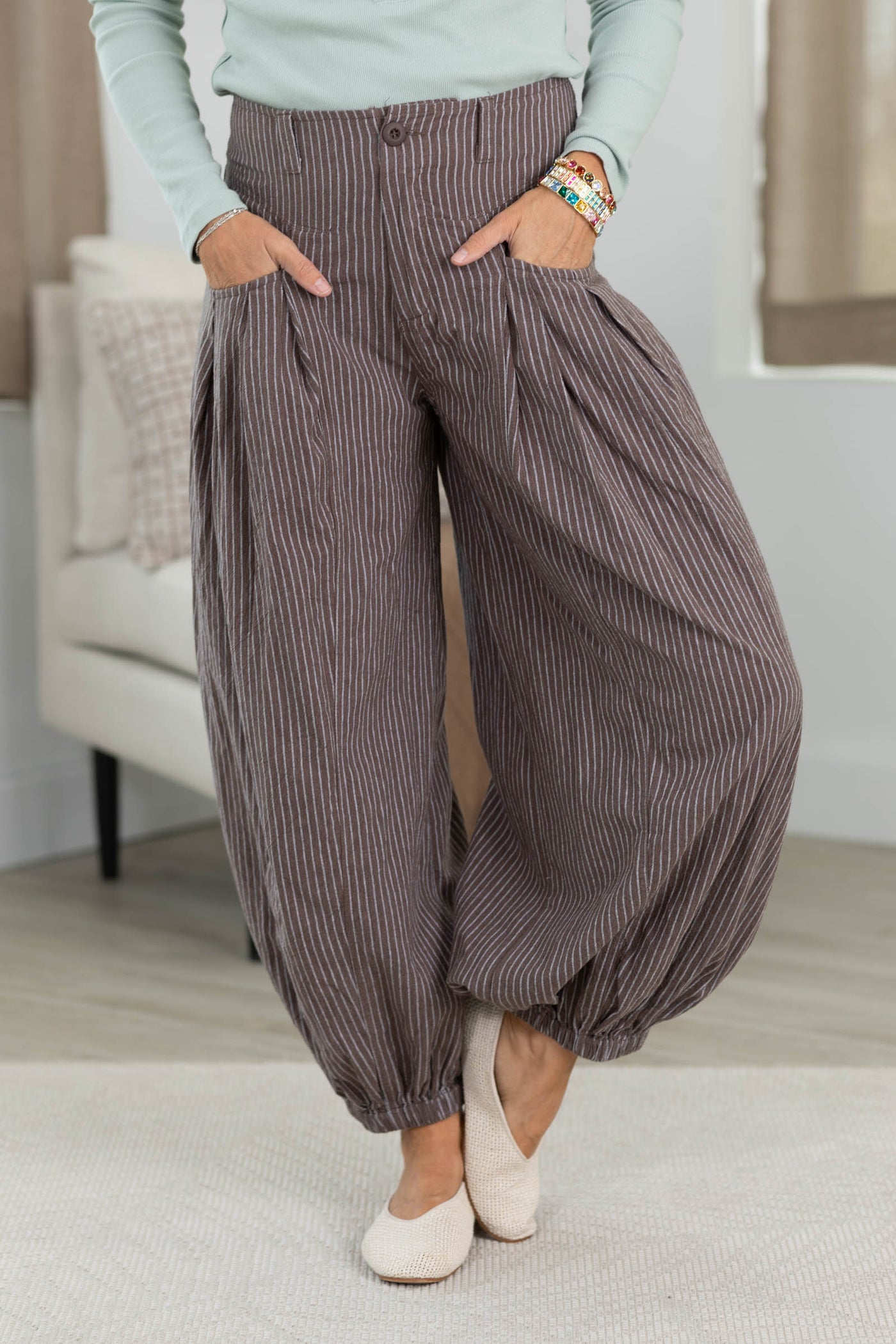 Cotierra Pull On Stripe Wide Leg Pants With Side Pockets- 100% Cotton