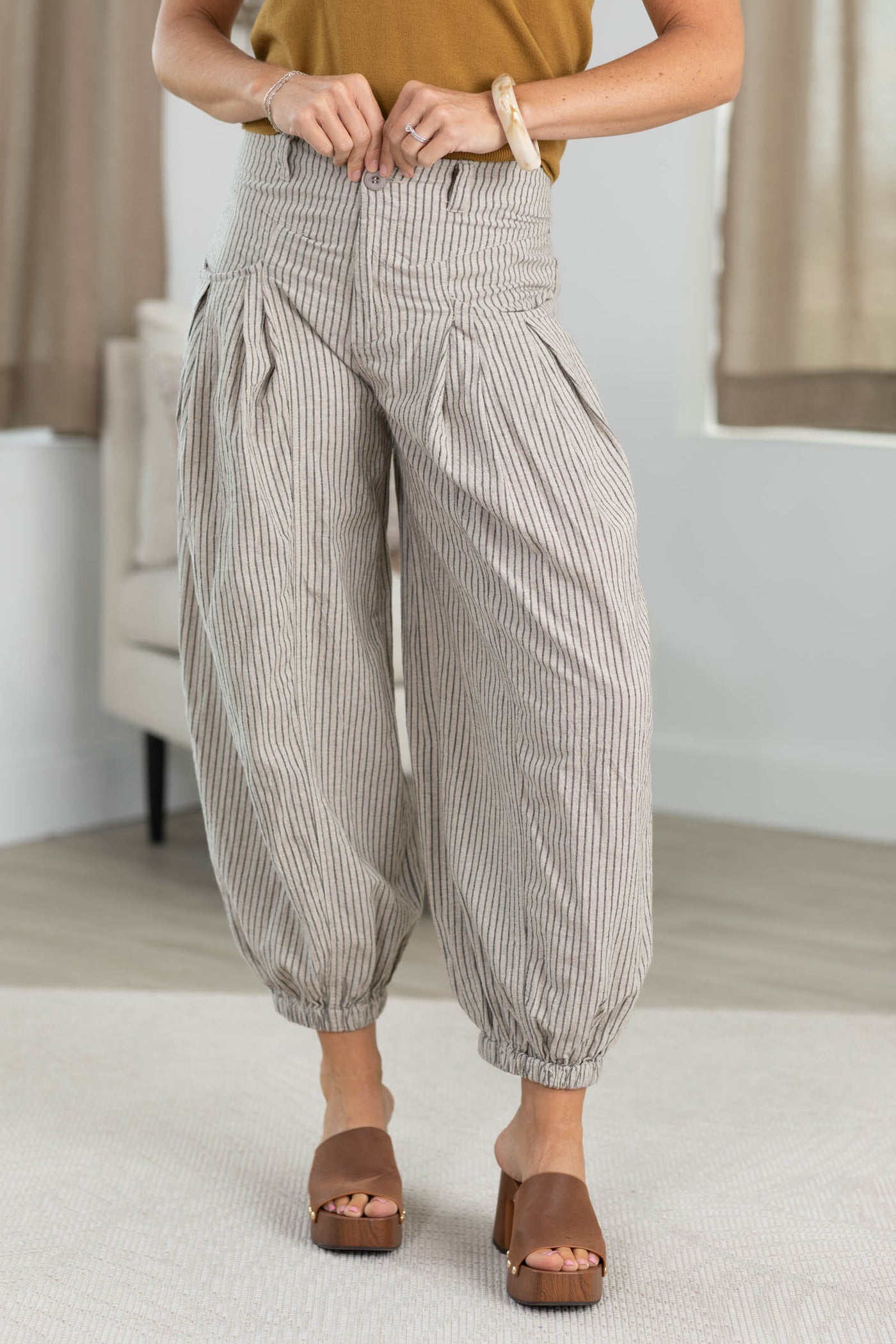 Cotierra Pull On Stripe Wide Leg Pants With Side Pockets- 100% Cotton