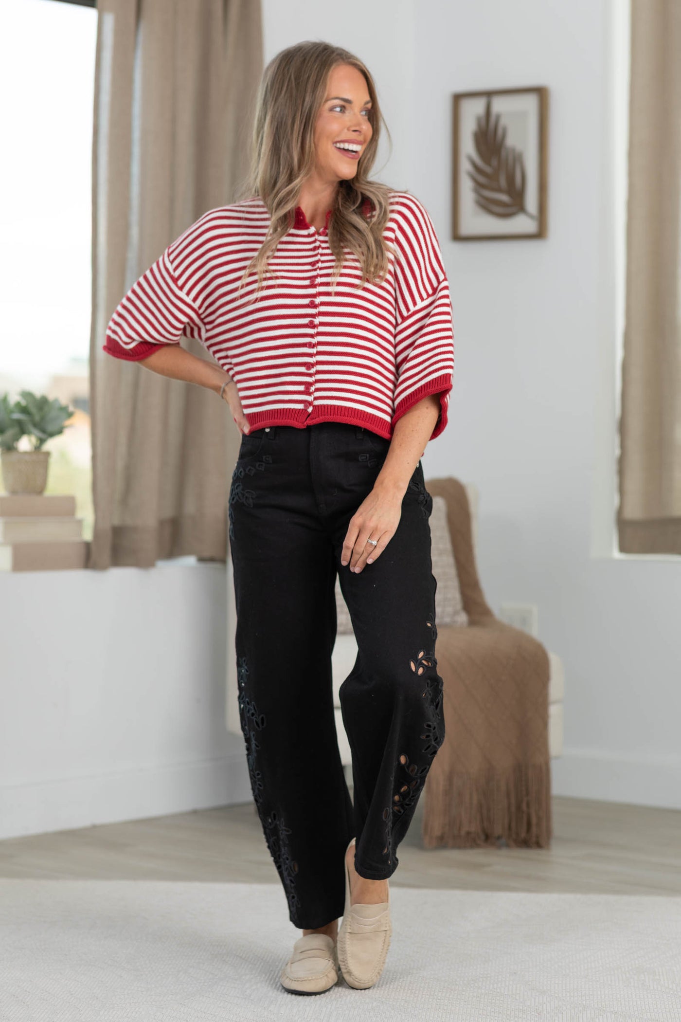 Half Sleeve Button Up Stripe Cardigan