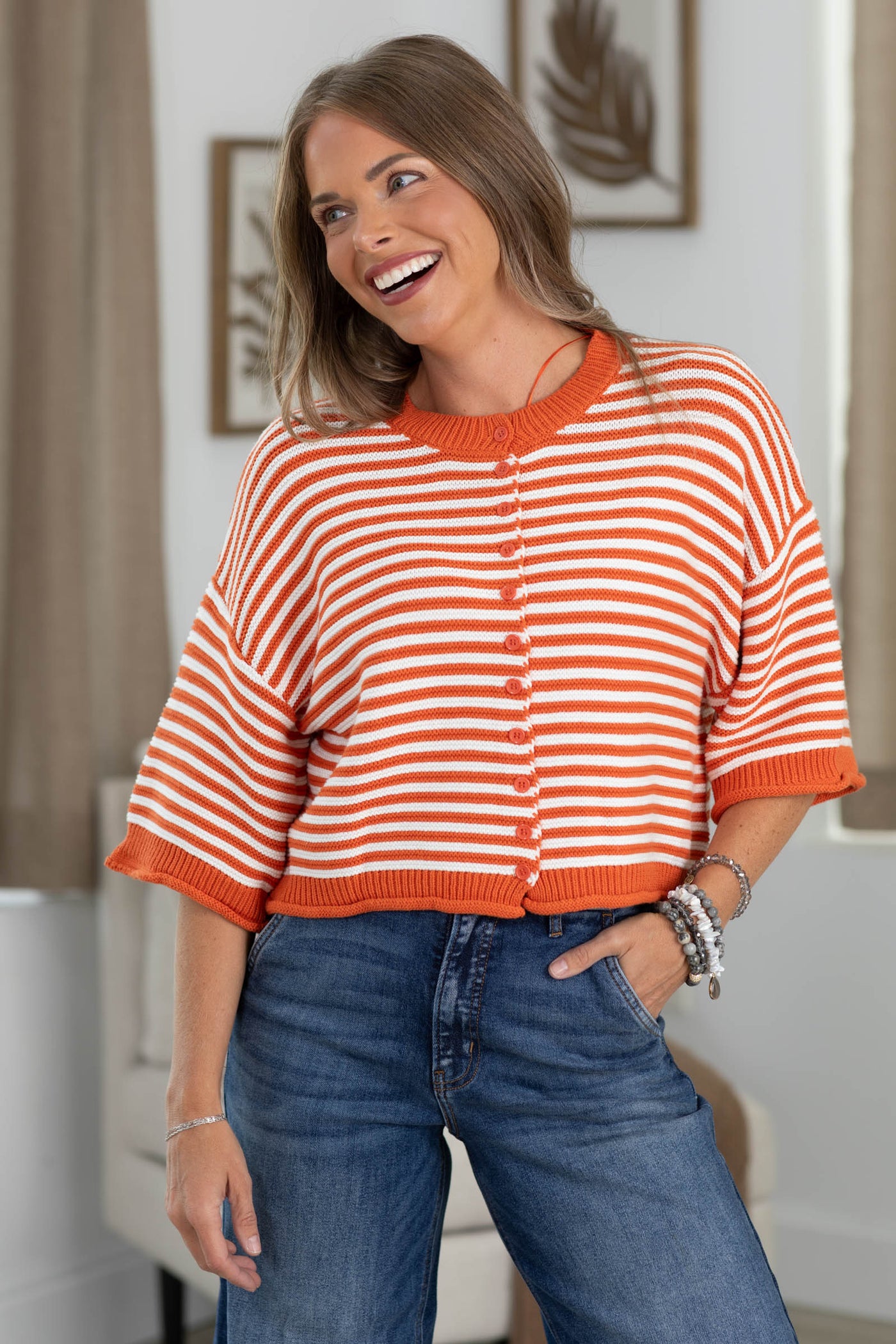 Half Sleeve Button Up Stripe Cardigan