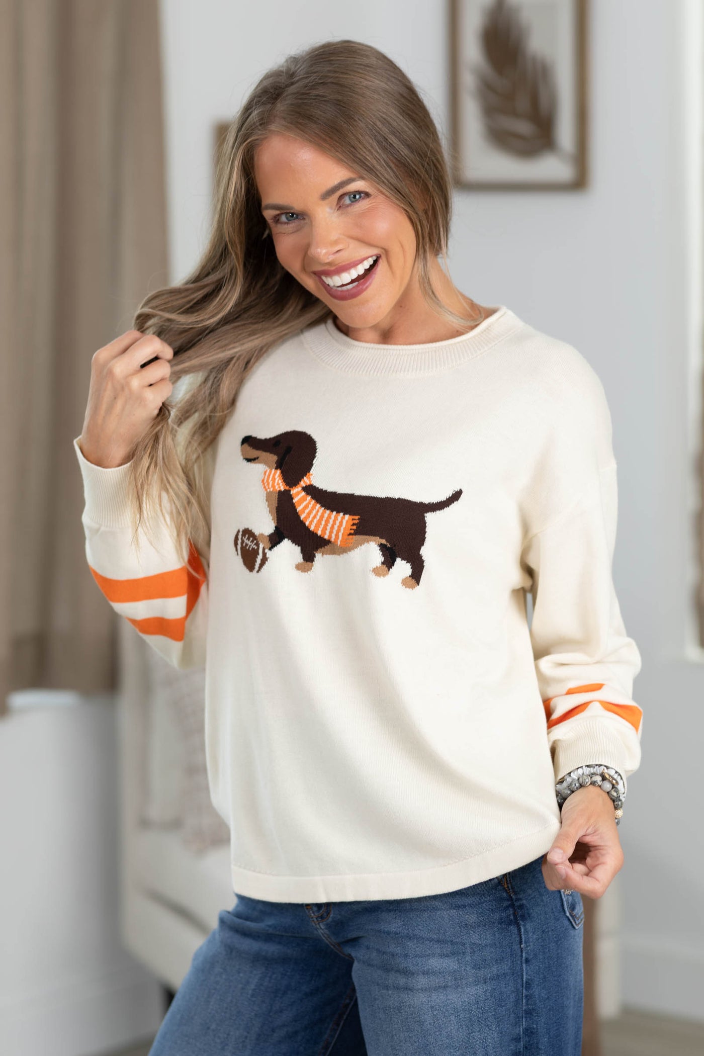 Cream Weenie Dog And Football Sweater