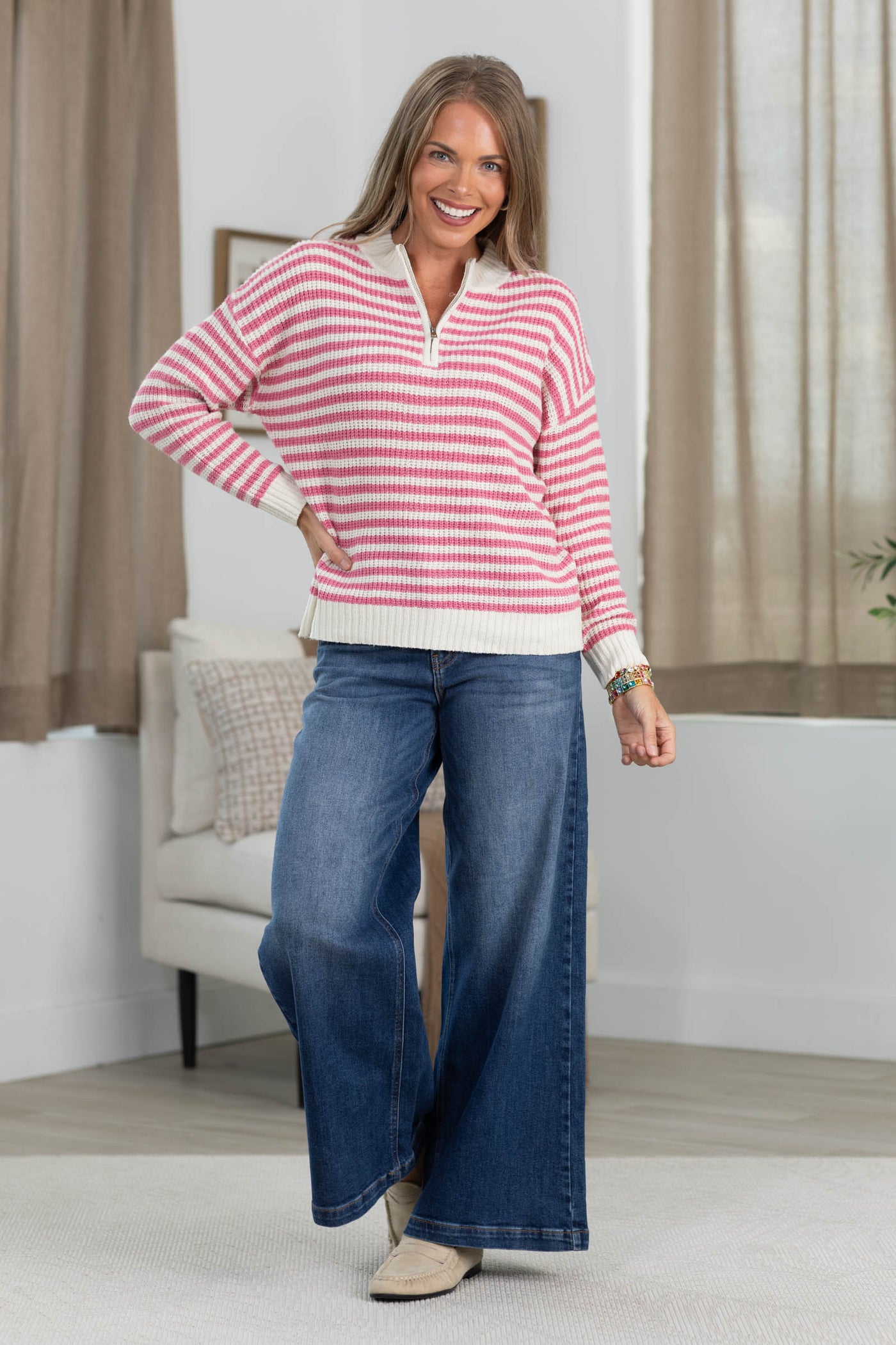Staccato Half Zip Mock Neck Striped Sweater