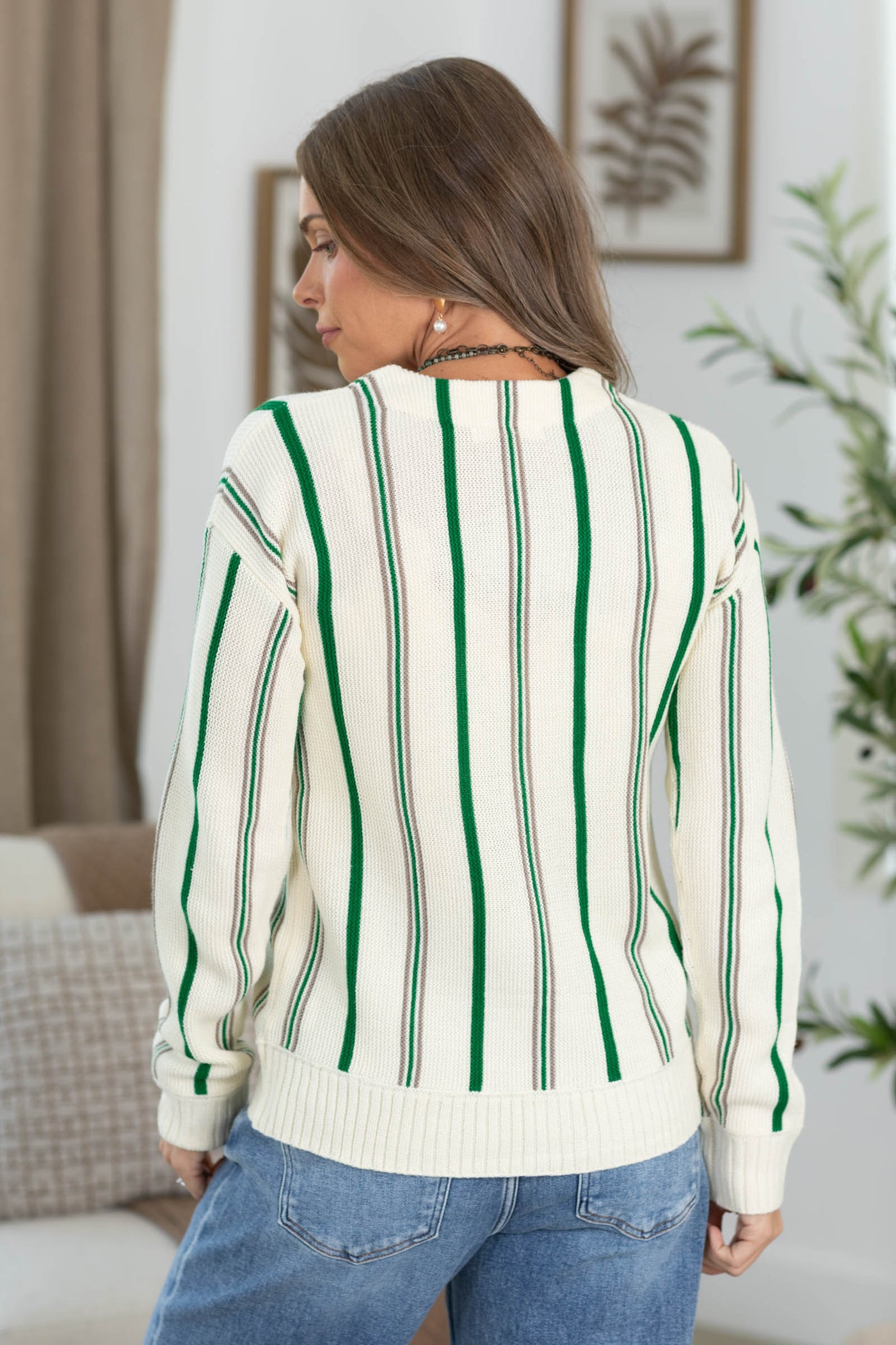 Cream With Green Stripes Button Cardigan Sweater