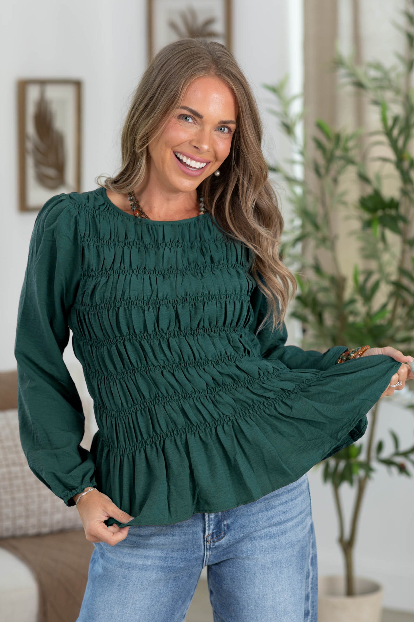 Staccato Smocked Bodice Flared Woven Top