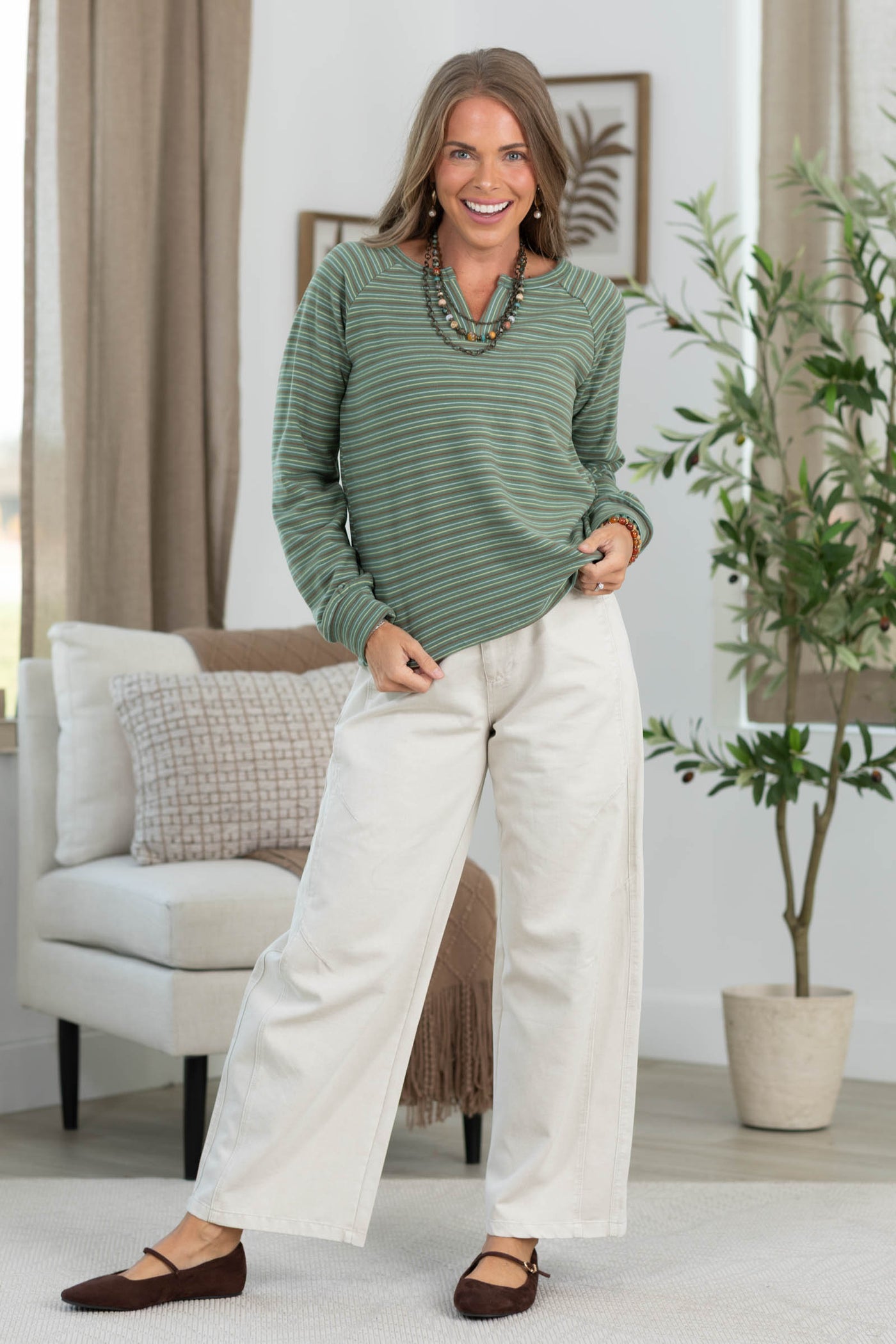 Staccato Split V-Neck Micro Brushed Stripe Top