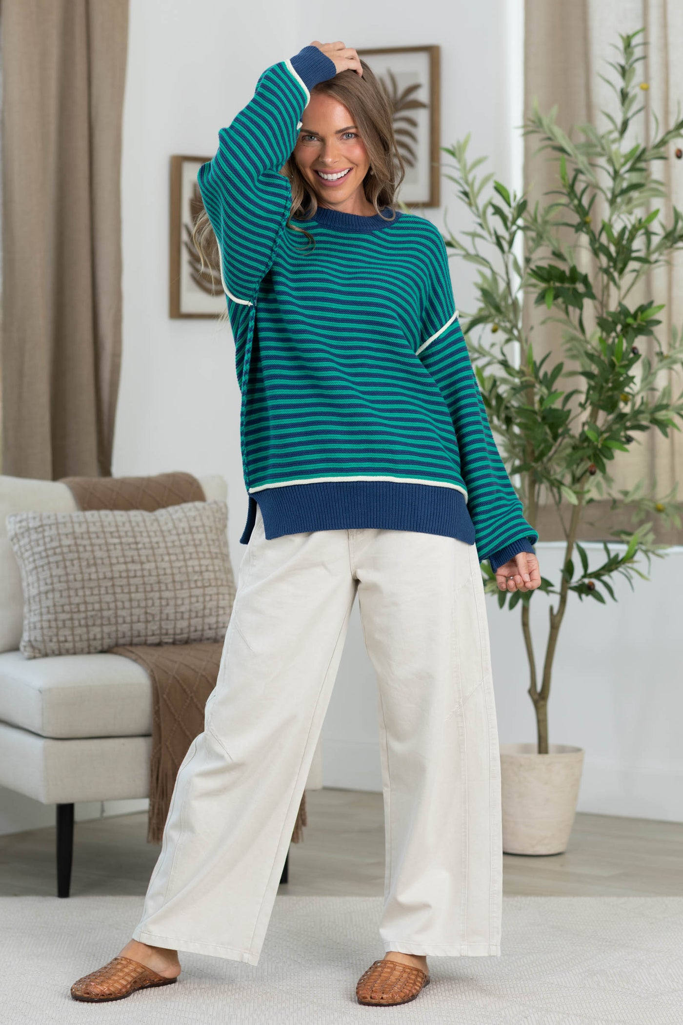 Cotierra Striped Sweater with Contrast Detail and Ribbed Trim