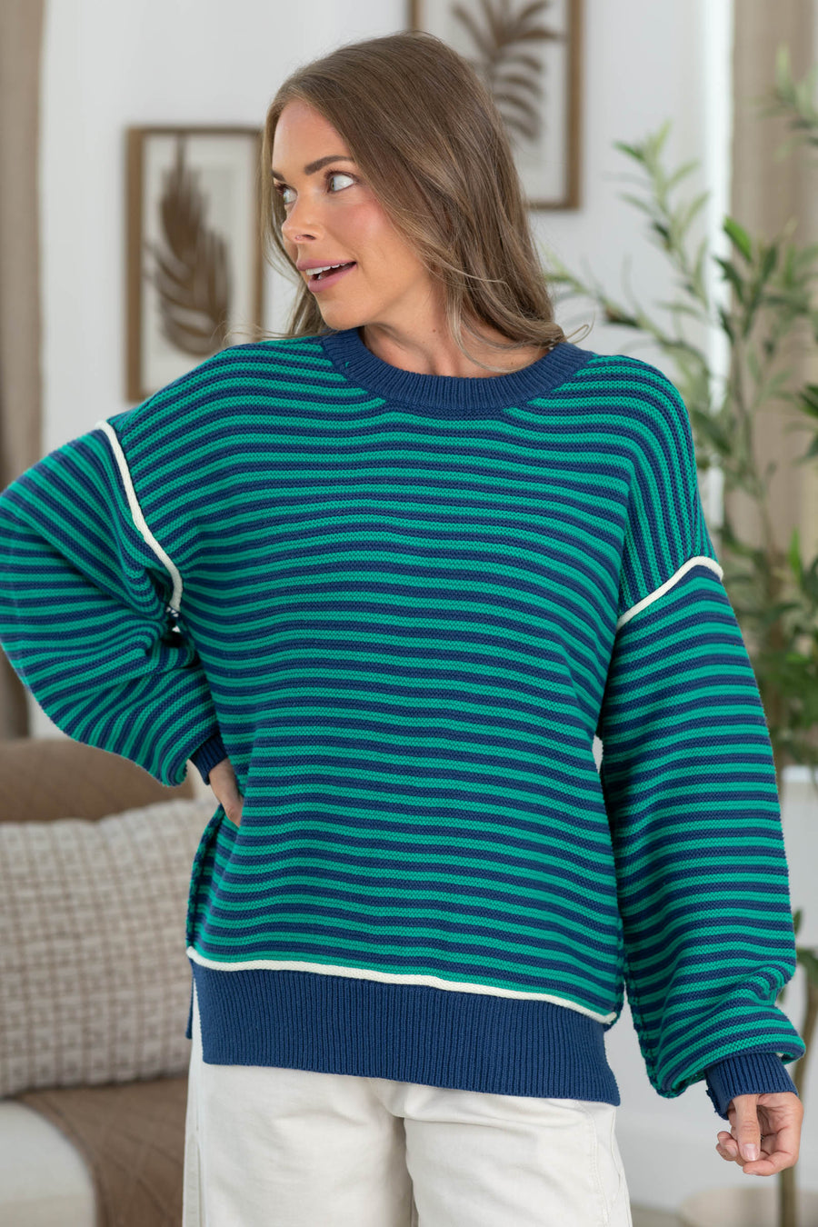 Cotierra Striped Sweater with Contrast Detail and Ribbed Trim