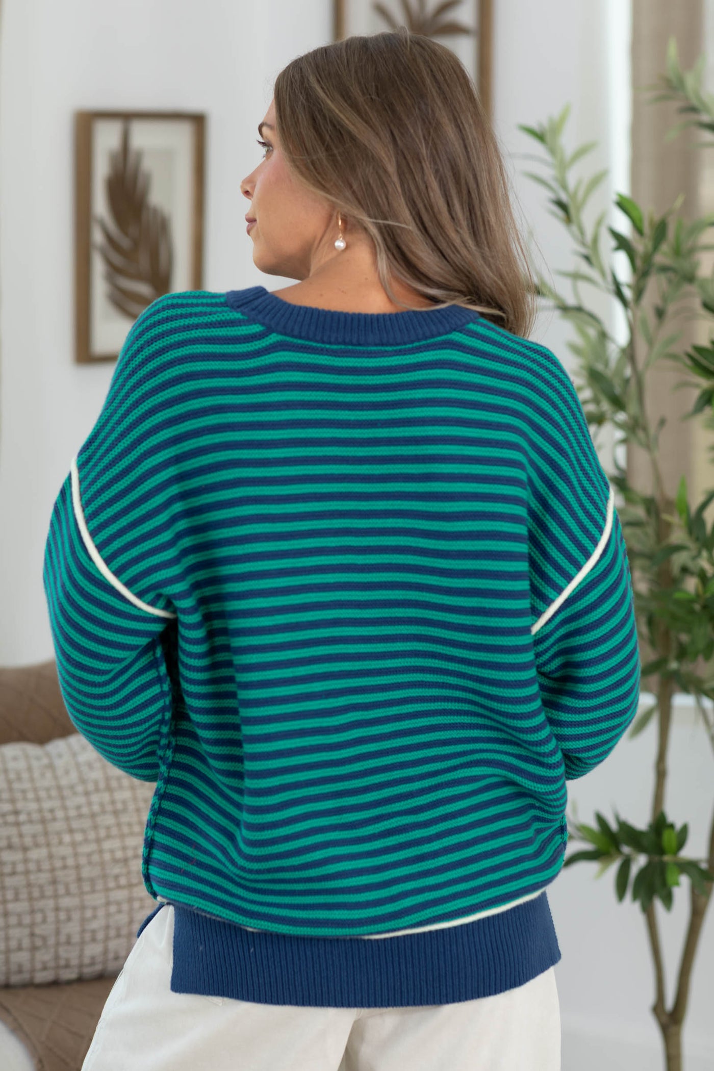 Cotierra Striped Sweater with Contrast Detail and Ribbed Trim