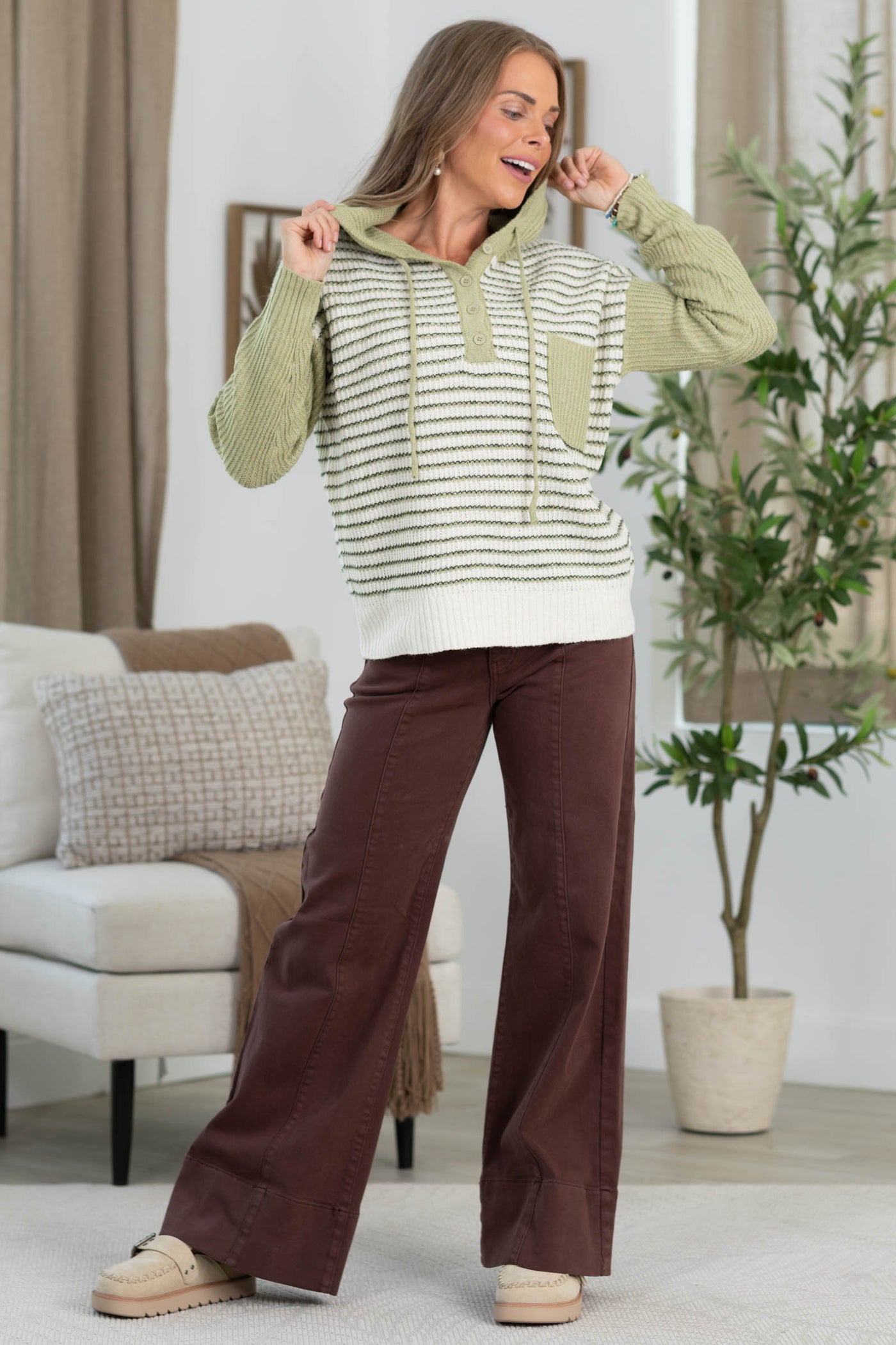 Staccato Light Olive Striped Half Button Hoodie Sweater