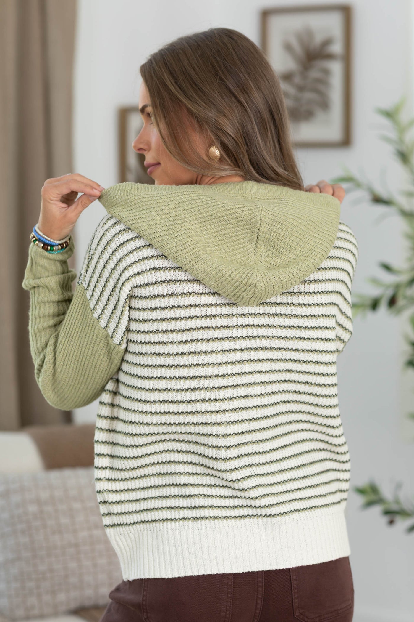 Staccato Light Olive Striped Half Button Hoodie Sweater