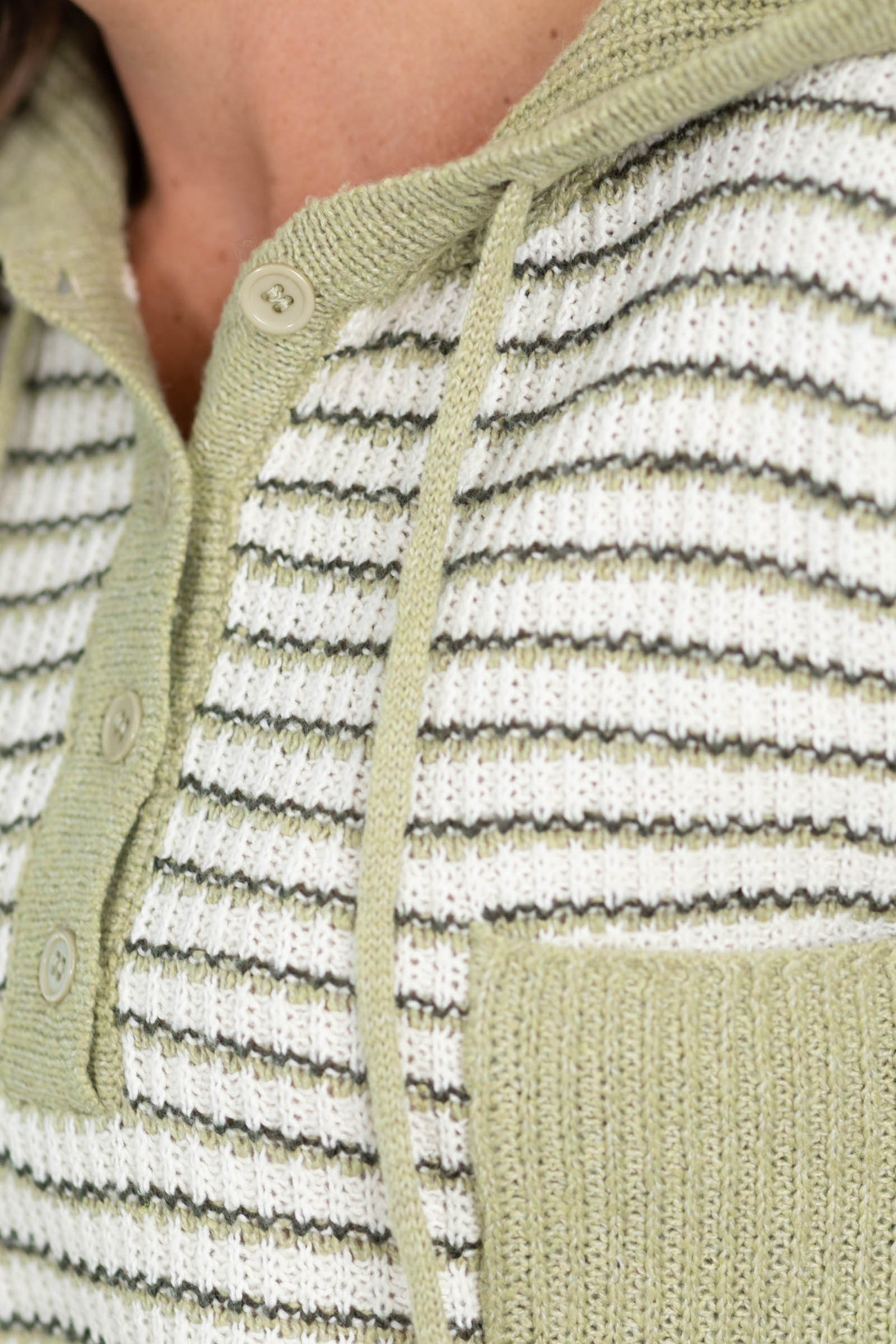 Staccato Light Olive Striped Half Button Hoodie Sweater