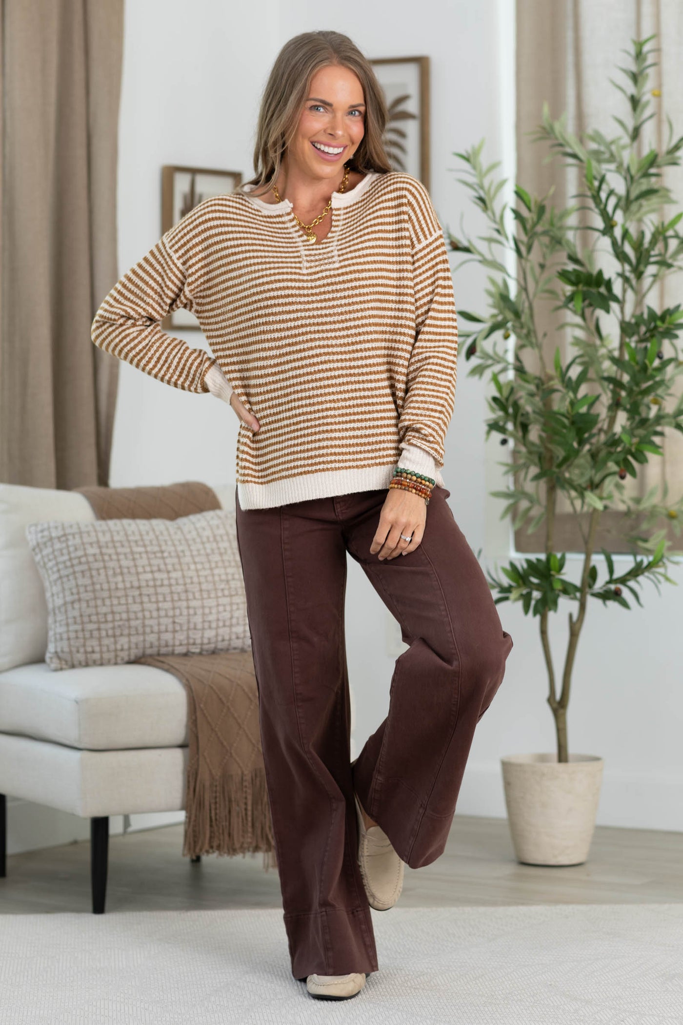 Staccato V-Neck Patch Detail Pinstriped Sweater