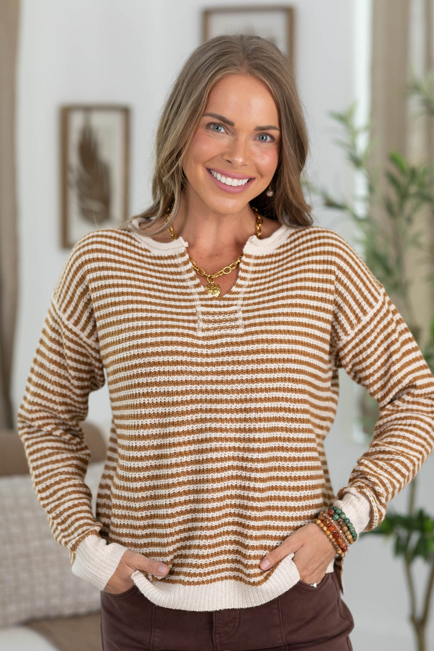 Staccato V-Neck Patch Detail Pinstriped Sweater