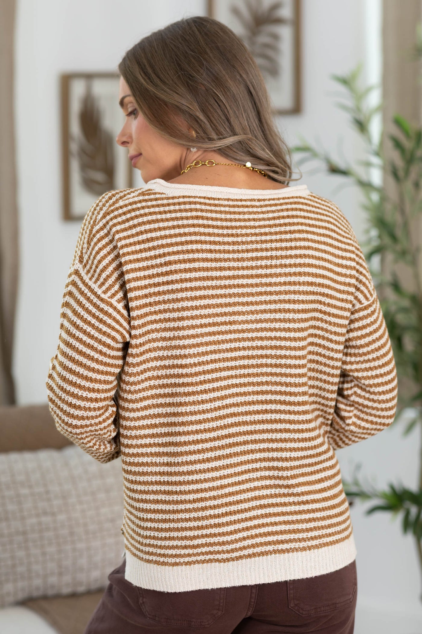 Staccato V-Neck Patch Detail Pinstriped Sweater