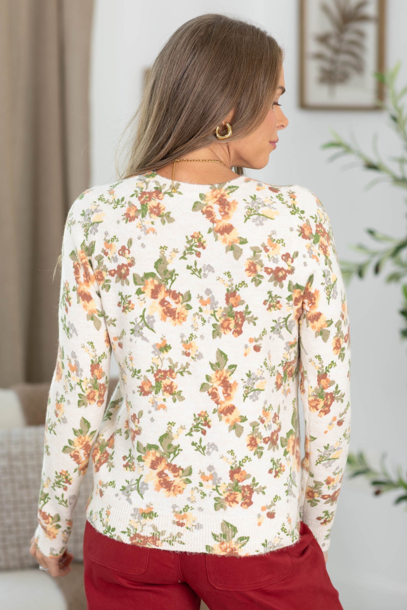 Staccato Taupe And Marigold Floral Sweater Knit Top